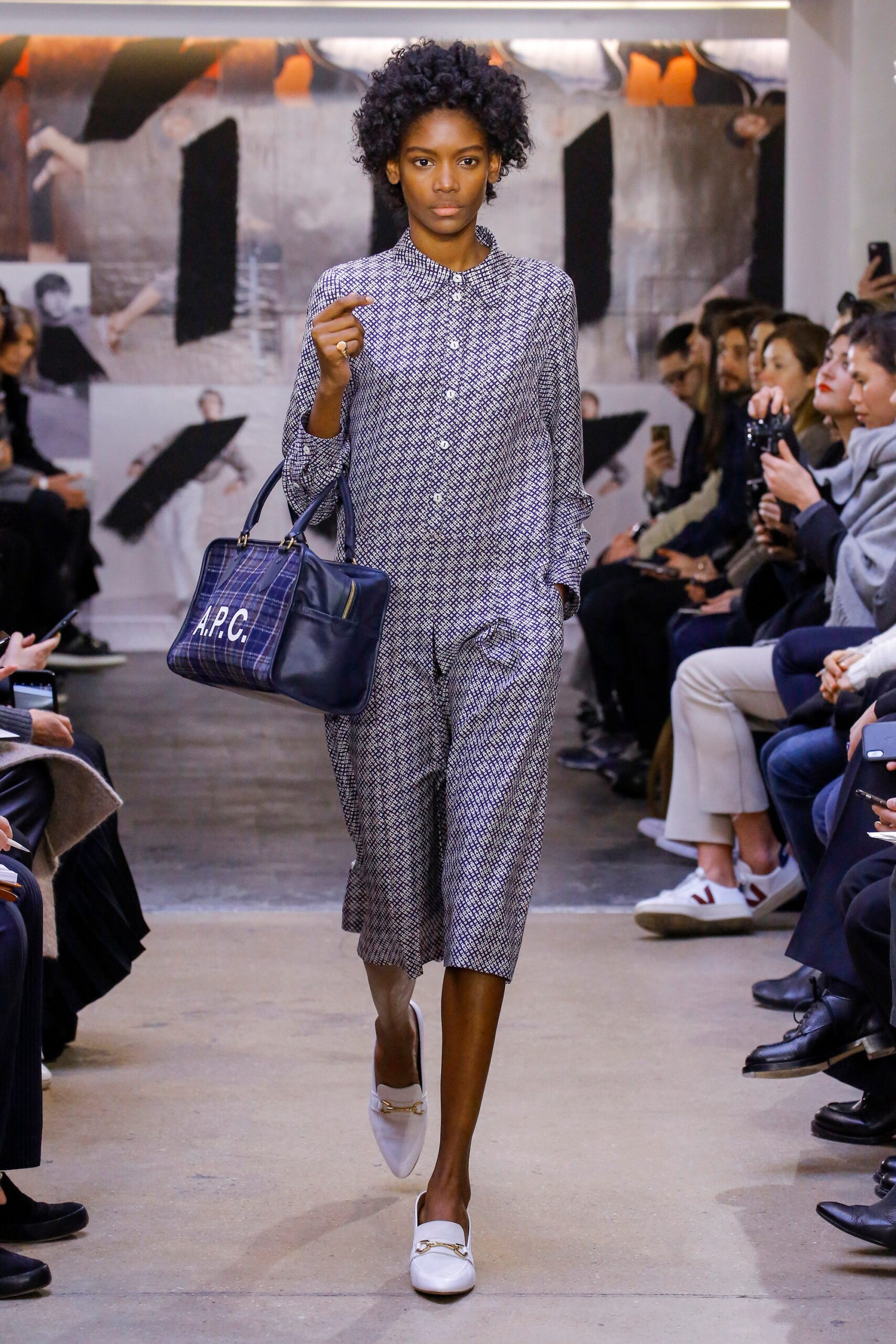 black cotton short-sleeve collared relaxed checked jumpsuit