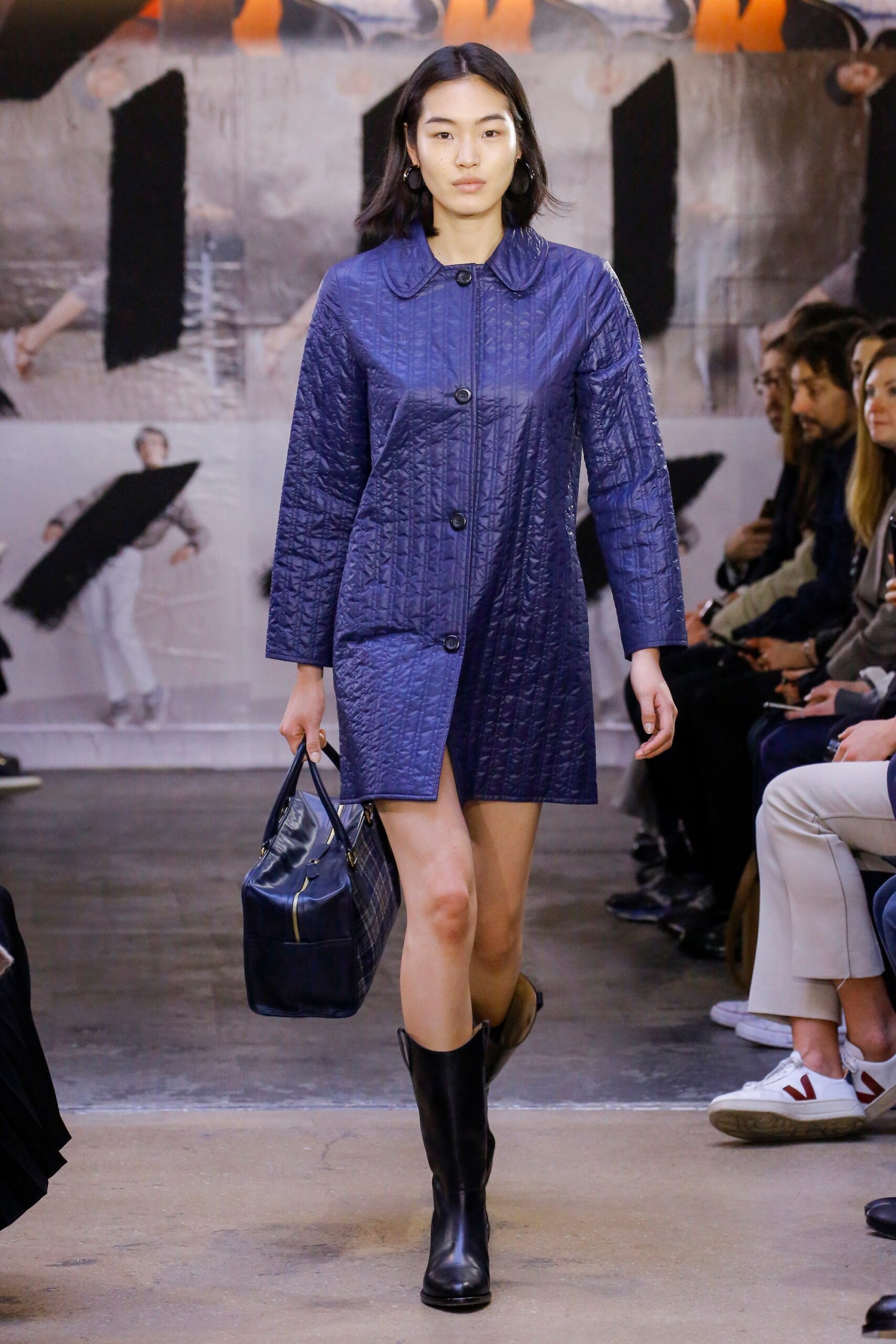 blue vinyl long-sleeve collared fitted quilted short coat