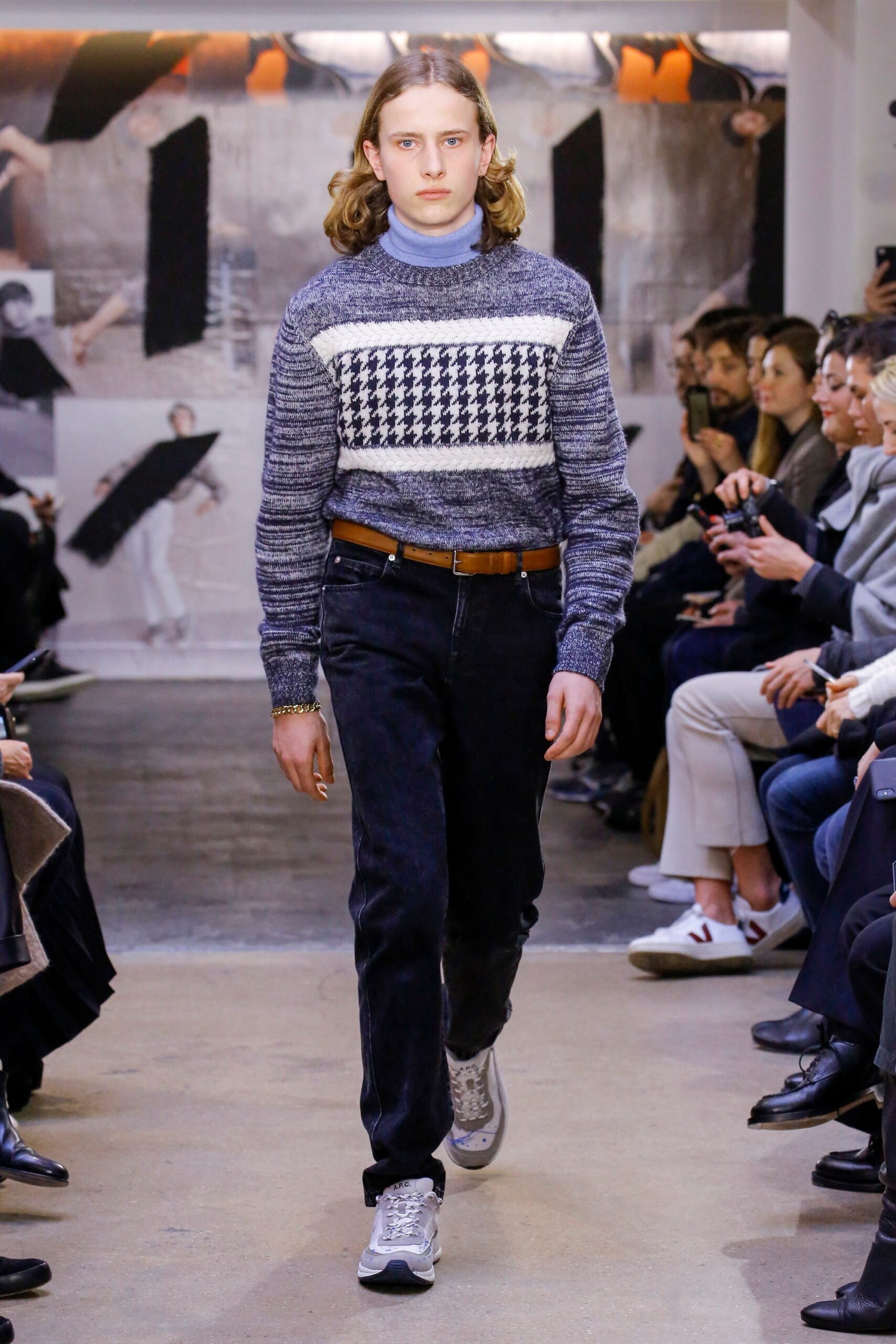 blue wool long-sleeve high-neck fitted checked sweater