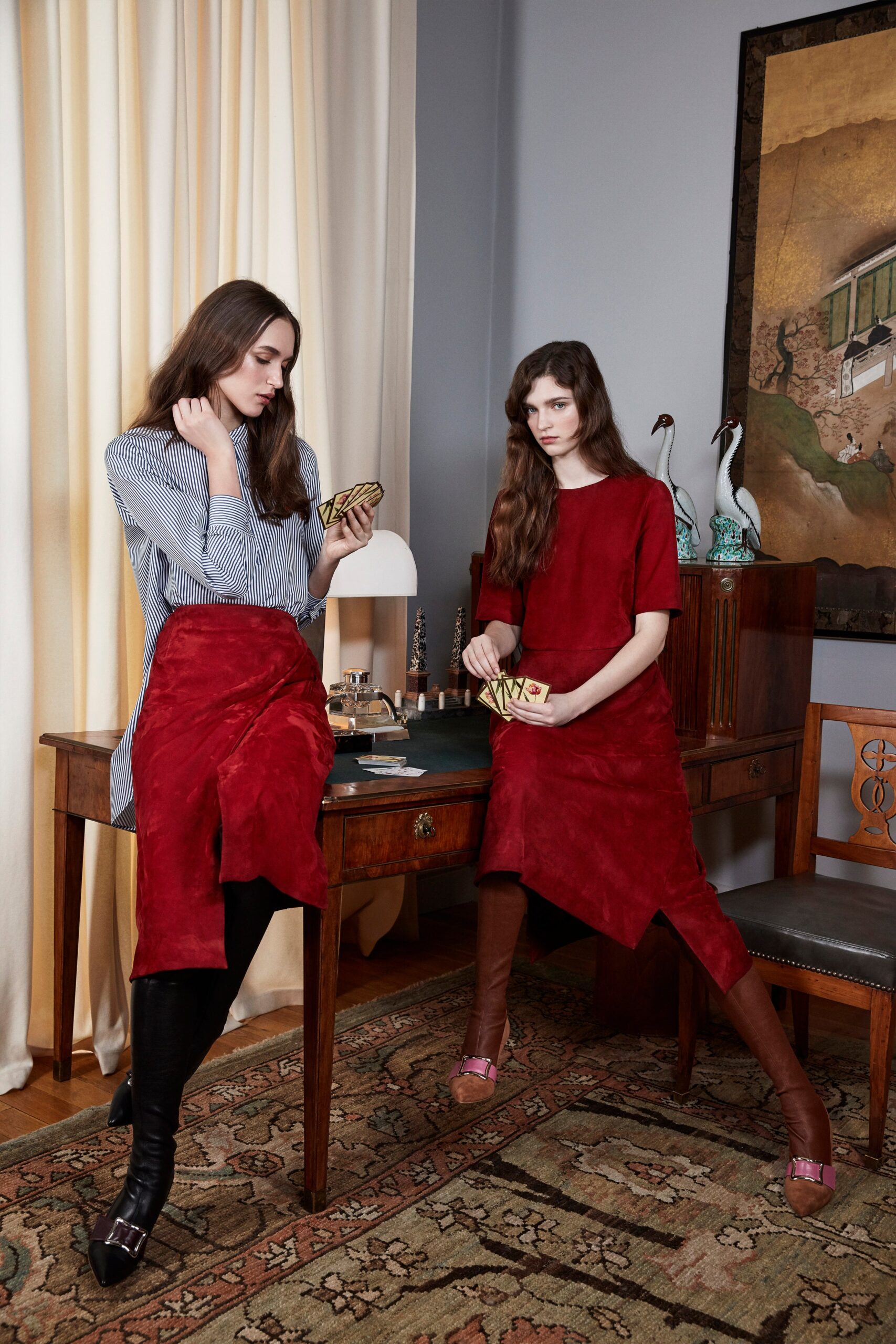 red suede asymmetric fitted pencil skirt