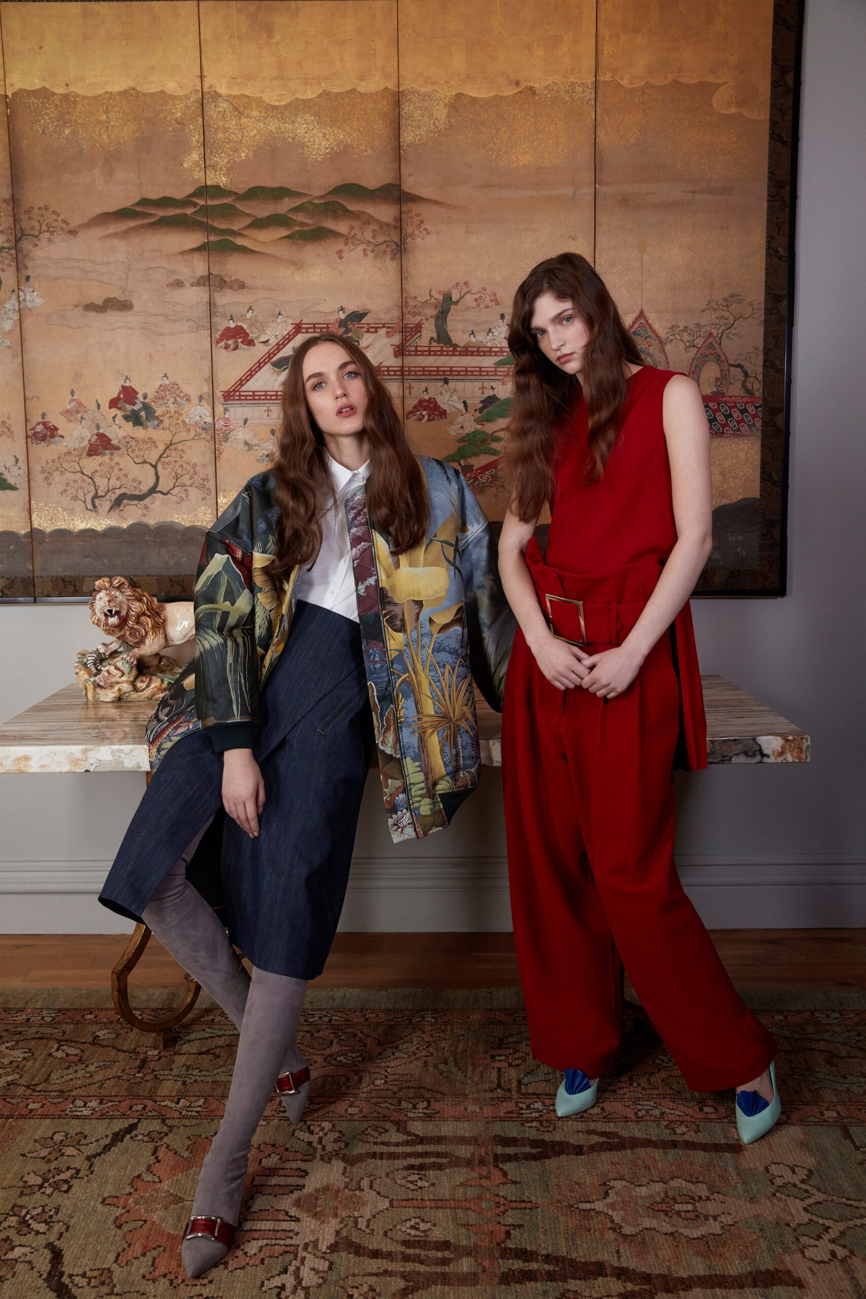 multi-colored relaxed jacket with denim skirt