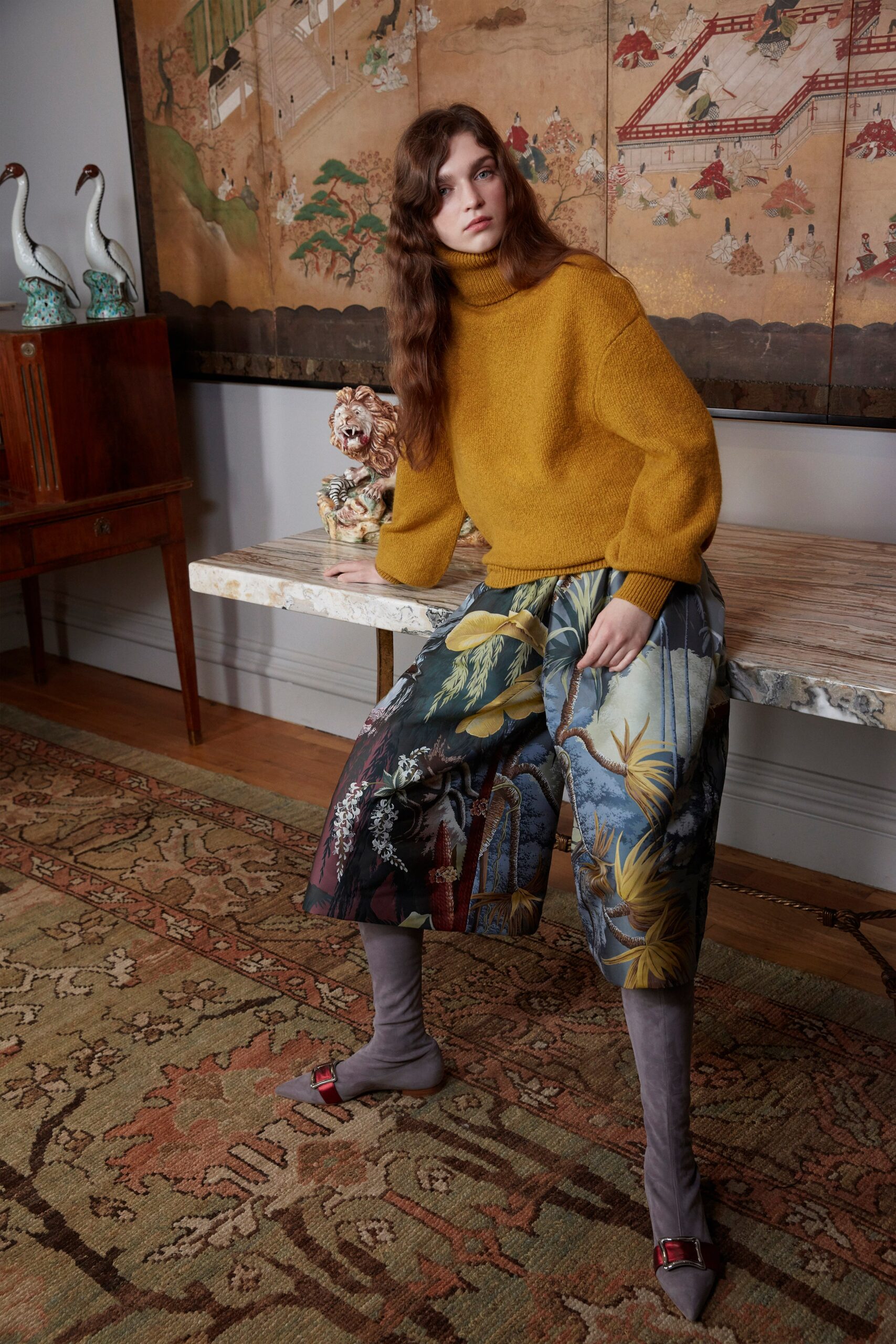 yellow wool sweater with printed culottes