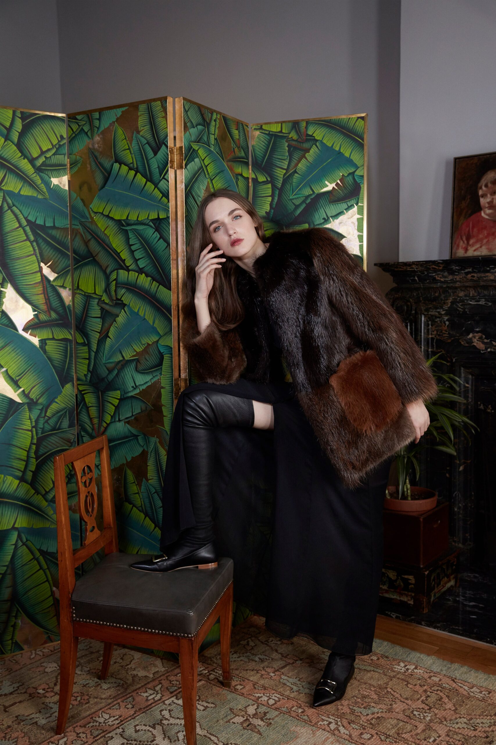 brown fur coat with black skirt
