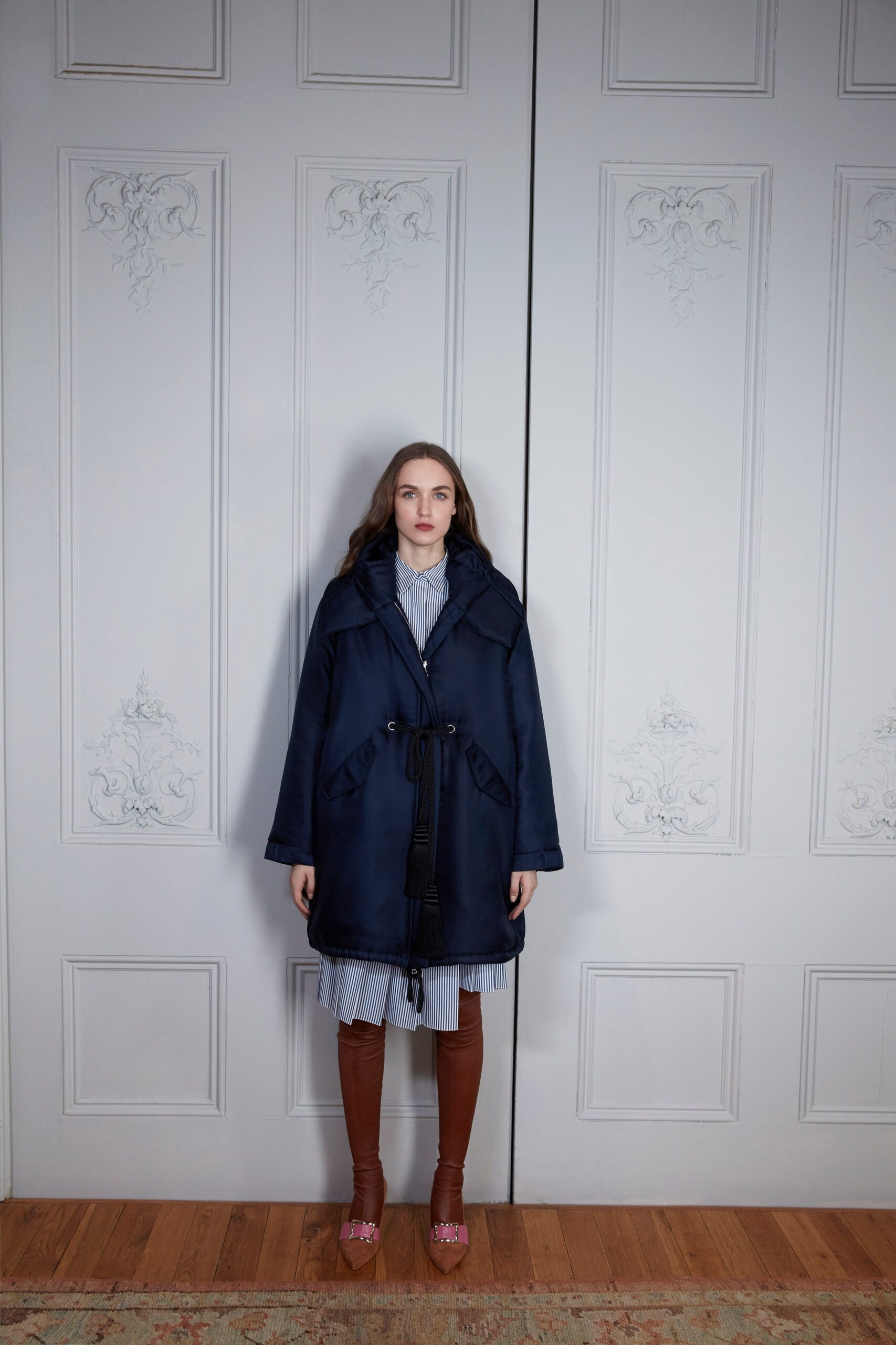 blue silk relaxed coat with pleated dress