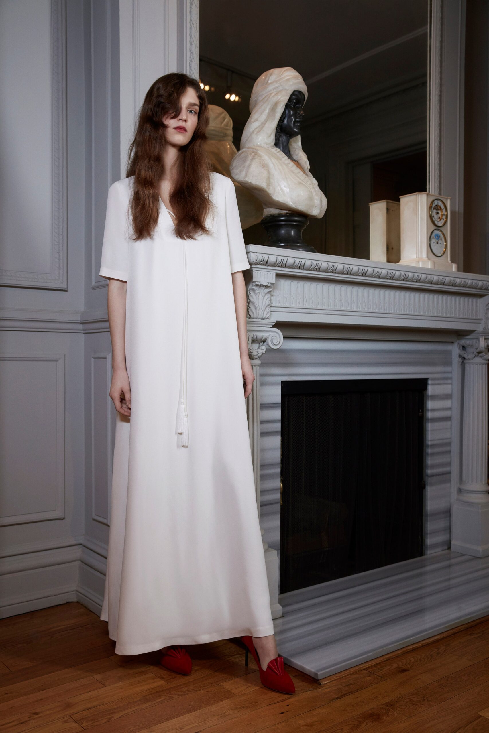 white silk relaxed maxi dress with red shoes