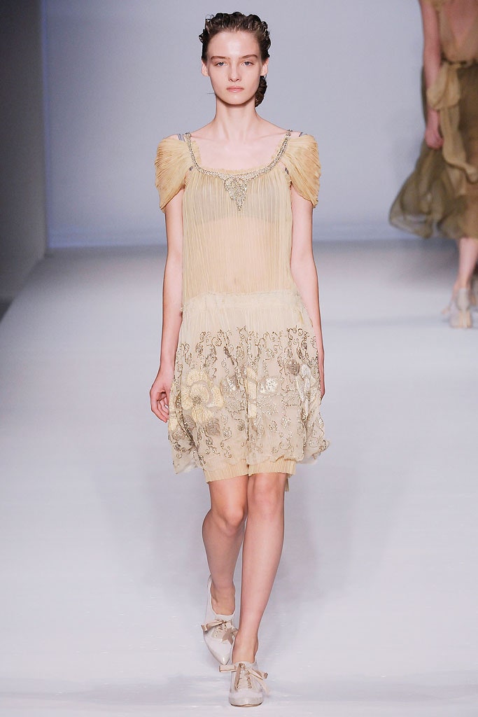 beige silk pleated dress