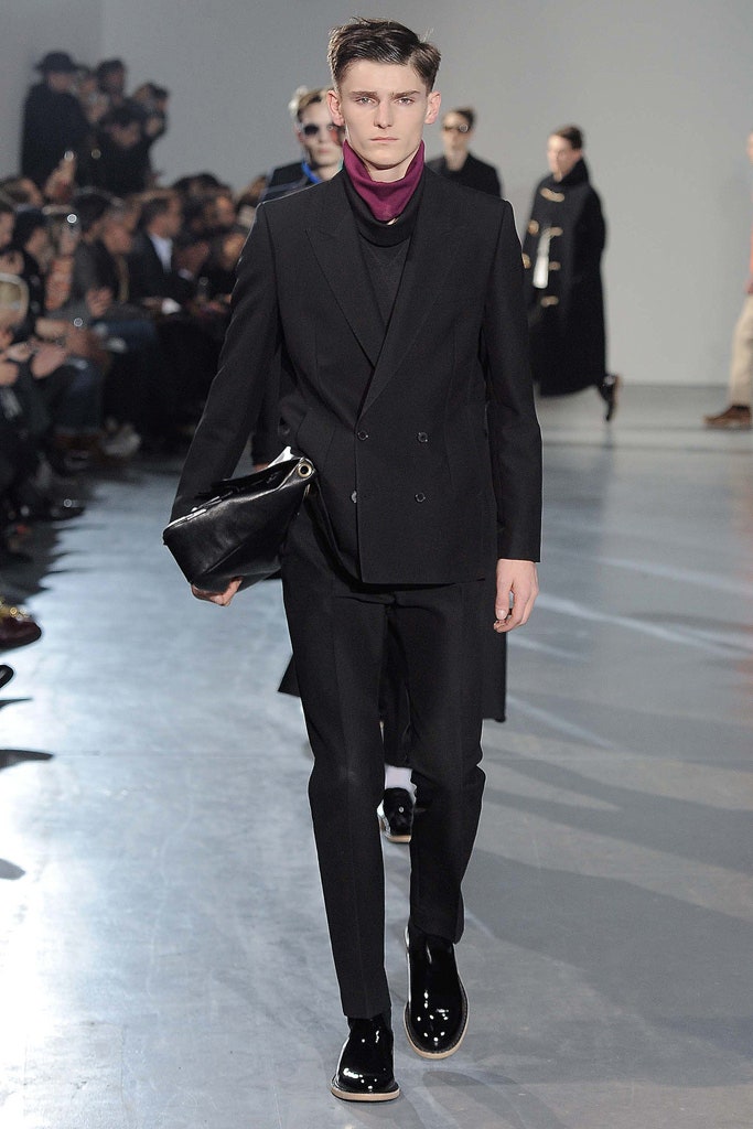 black tailored suit with purple shirt