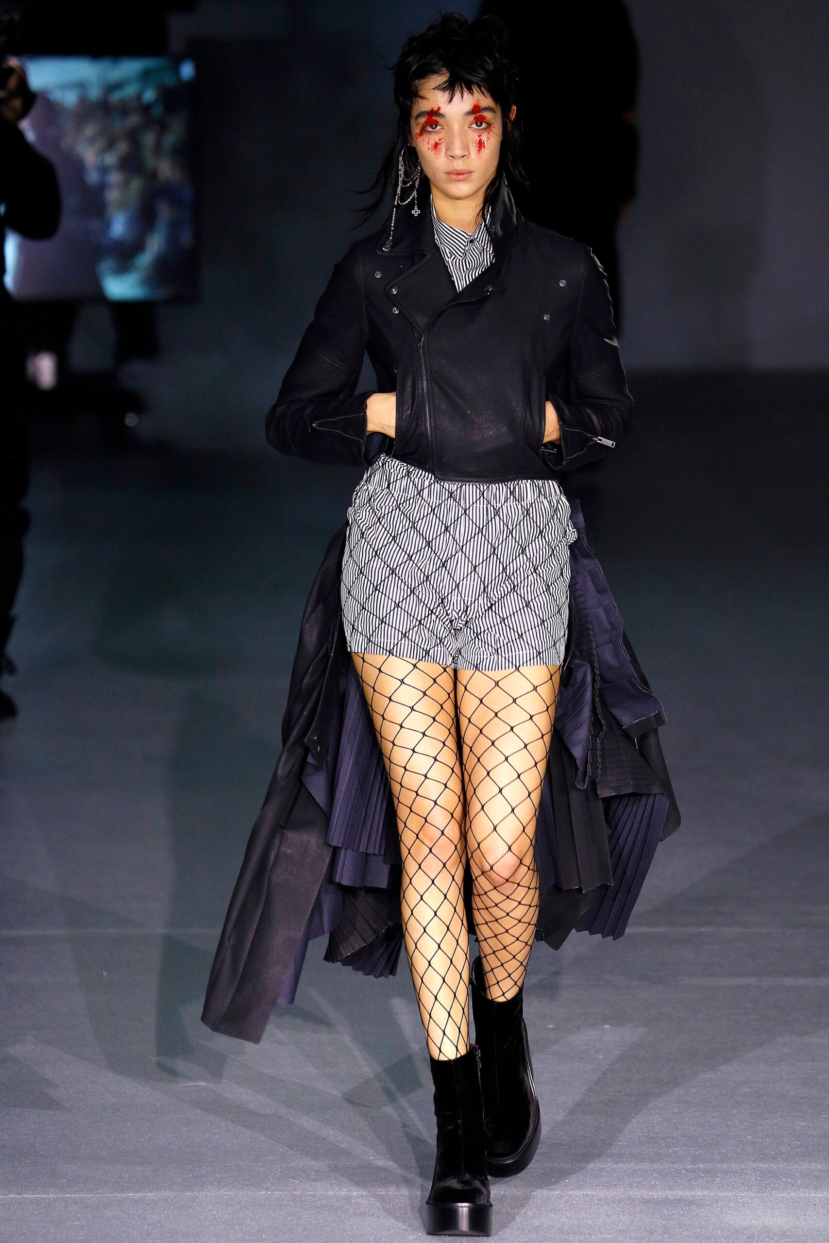 black leather coat with striped shirt