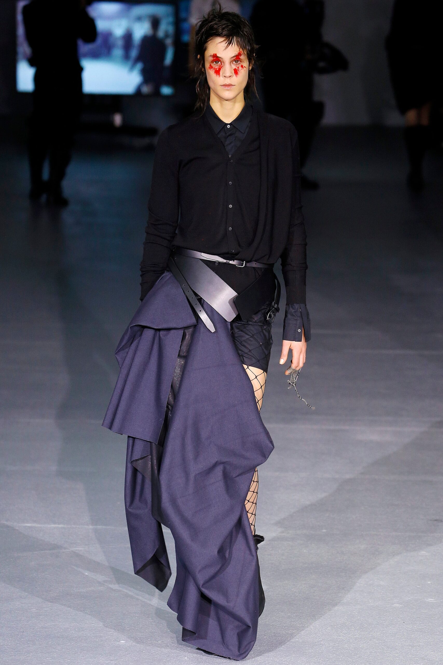 black shirt navy asymmetric skirt