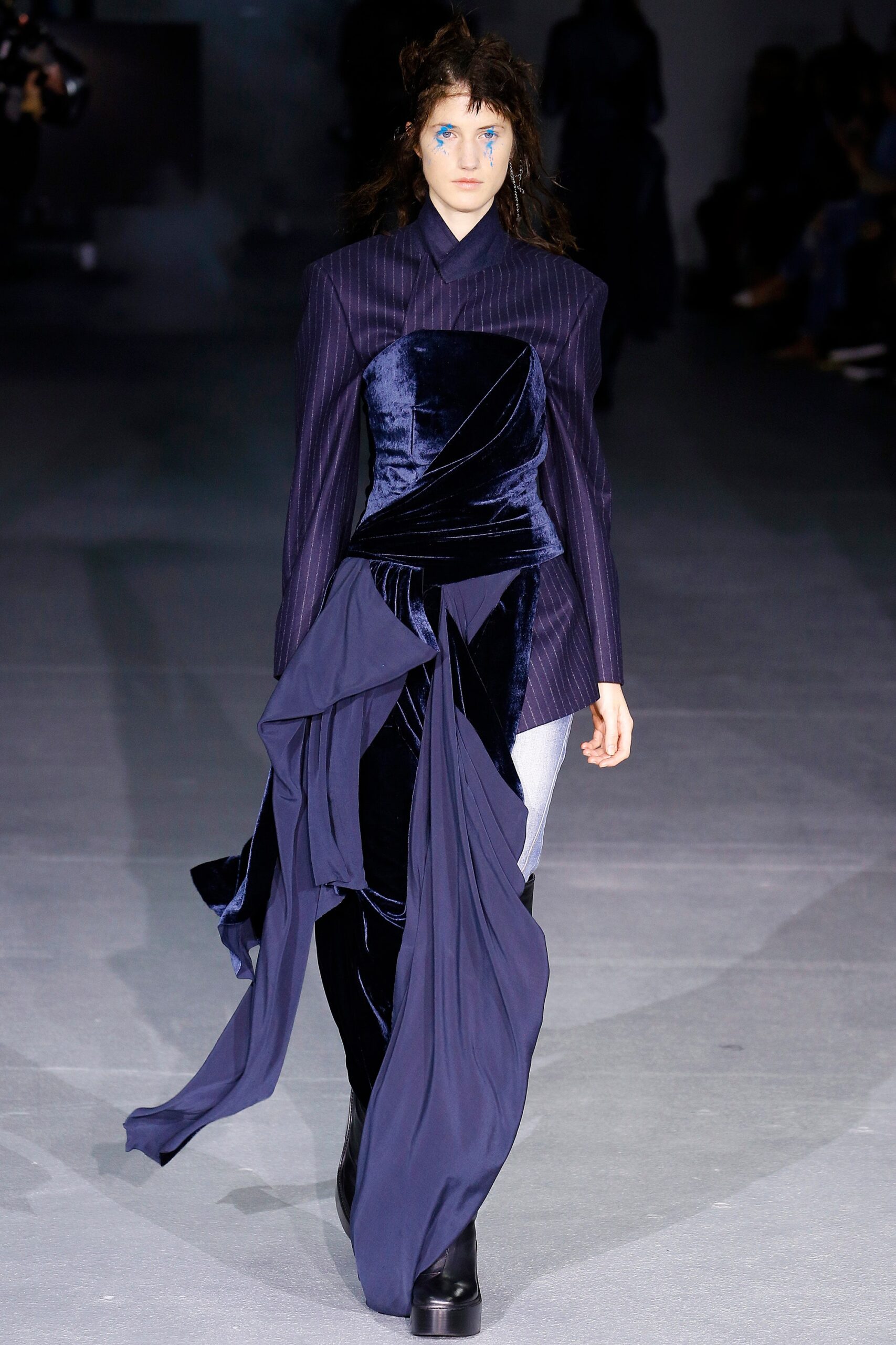 blue velvet draped dress