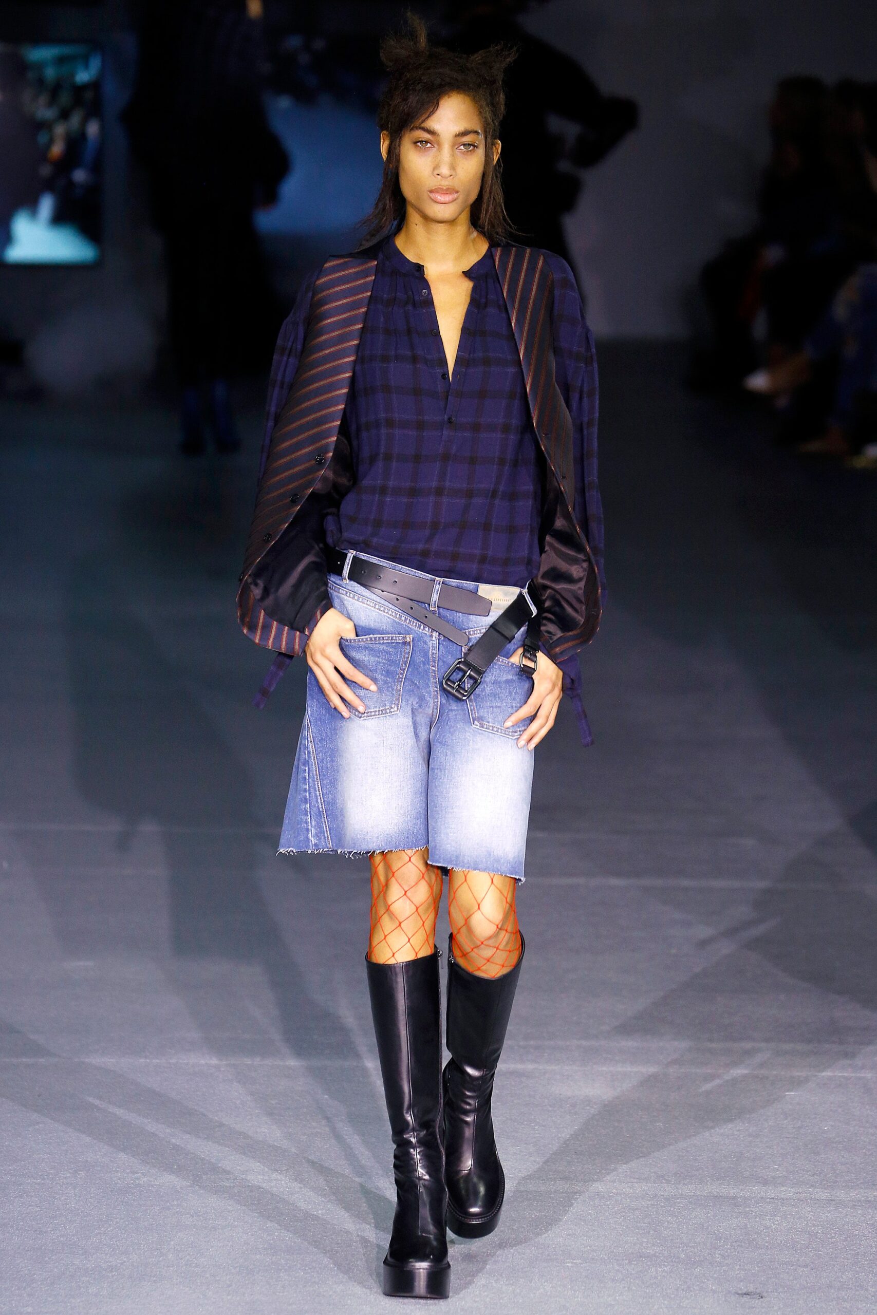relaxed blue checked shirt with denim shorts