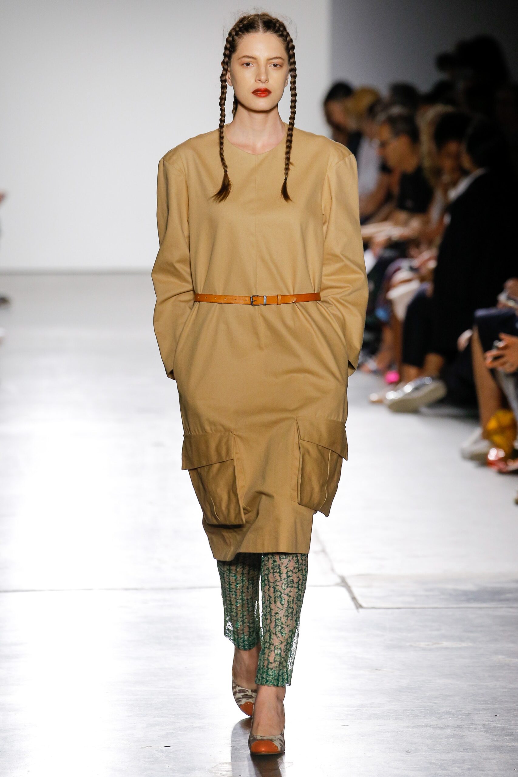 beige relaxed dress with green printed pants