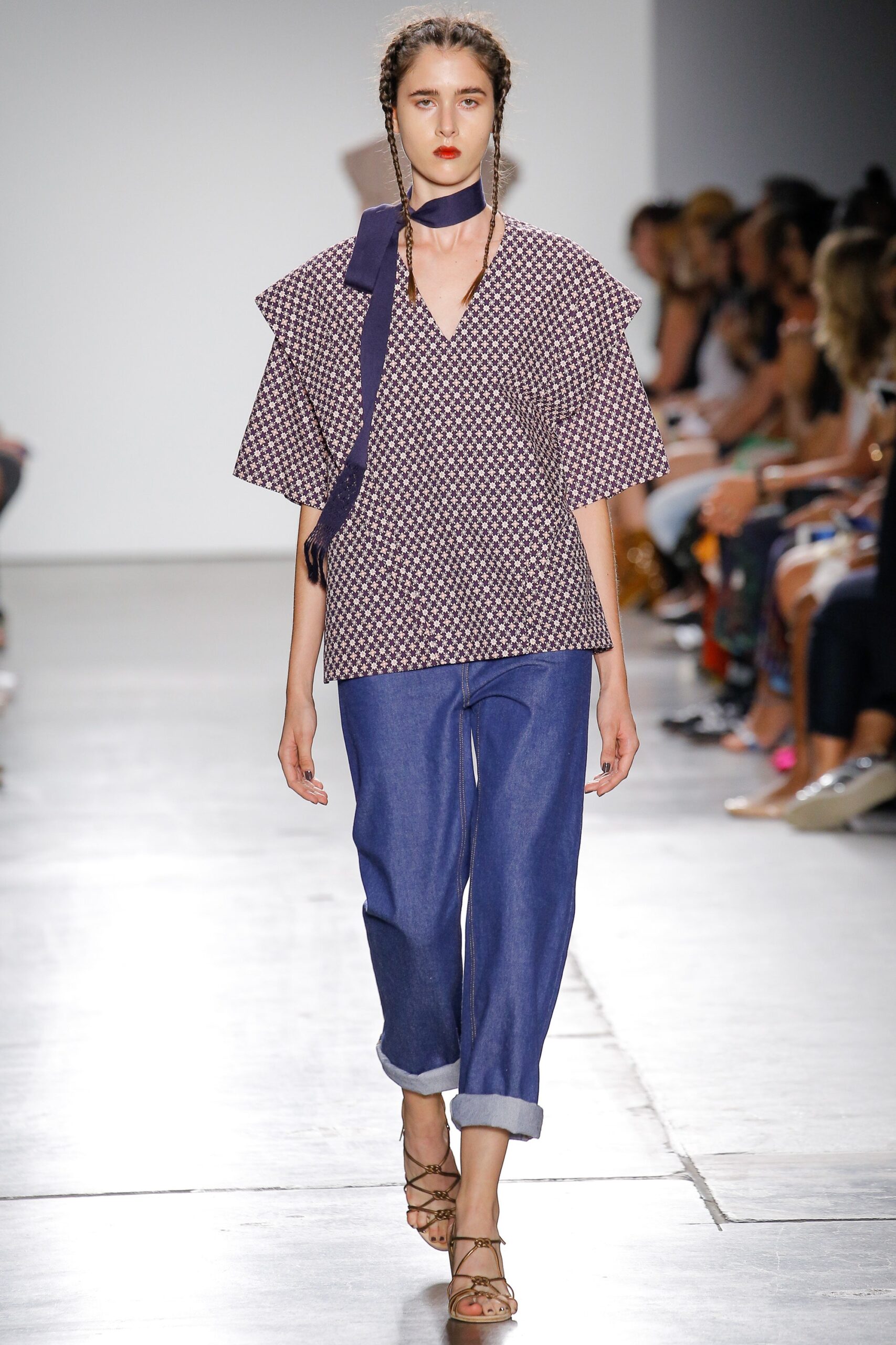 blue printed top with denim pants