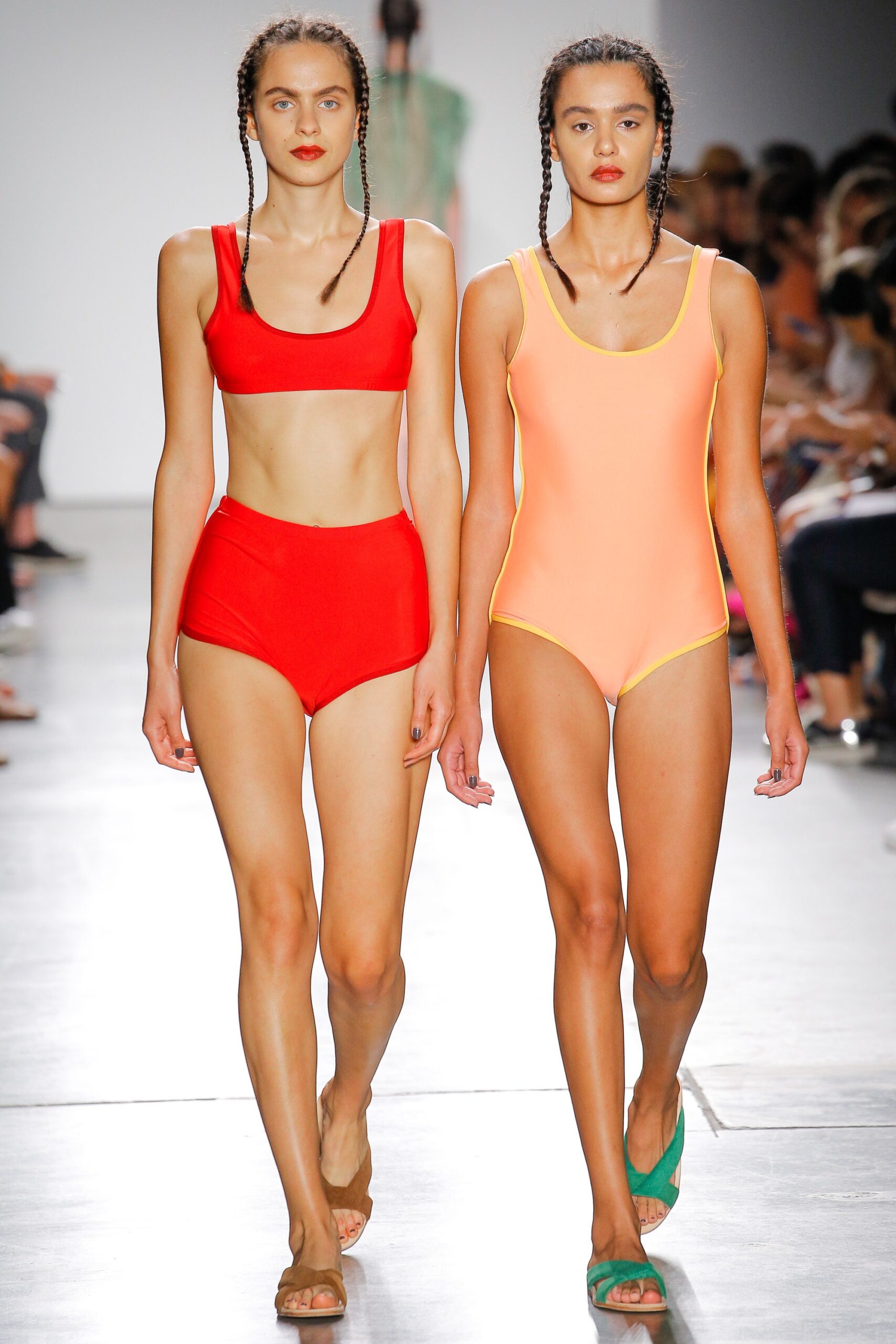 red bikini and orange swimsuit