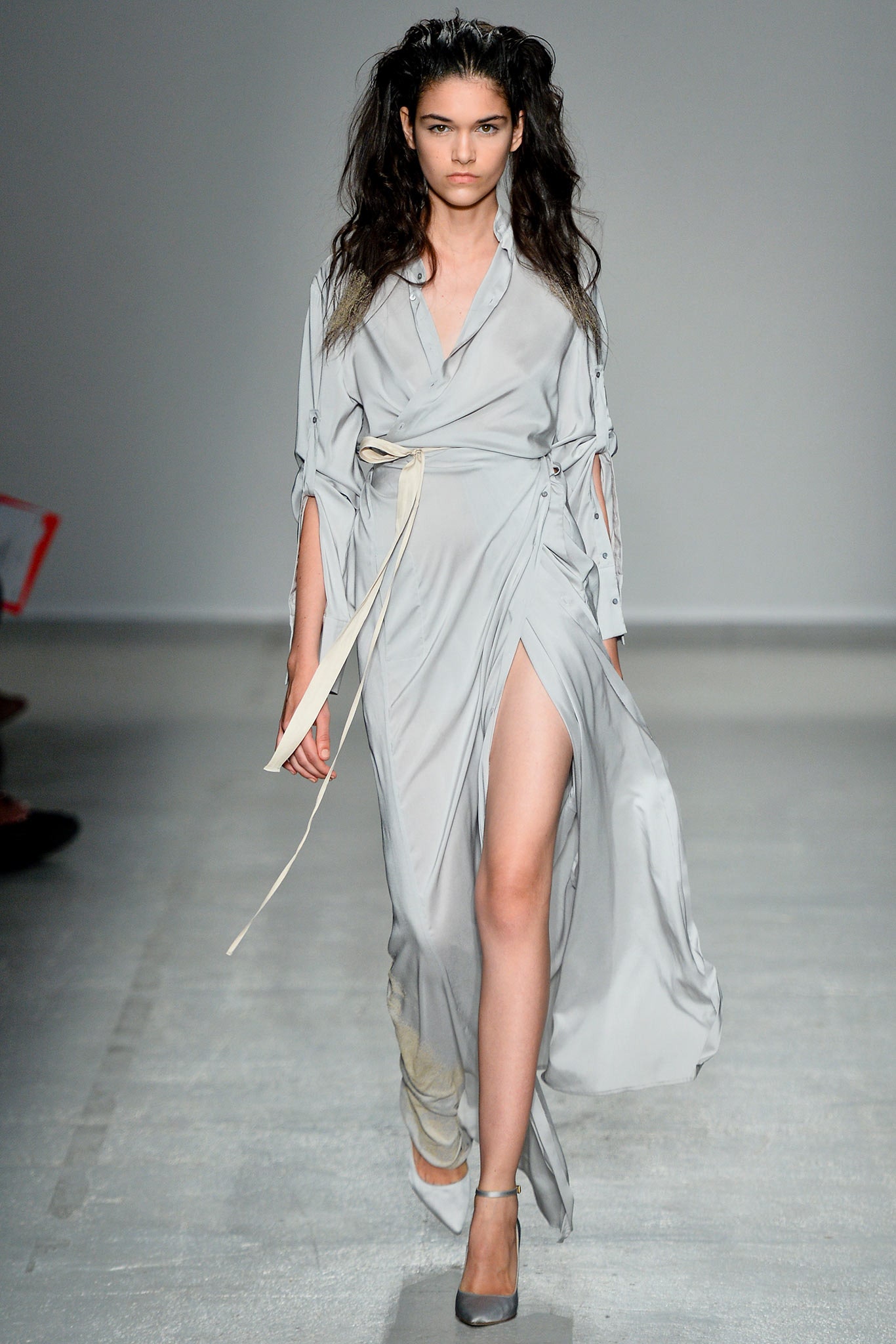 gray silk fitted wrap dress