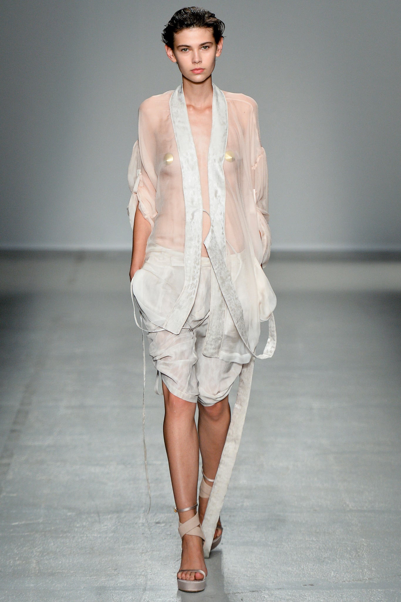 beige silk sleeveless v-neck relaxed draped sheer dress
