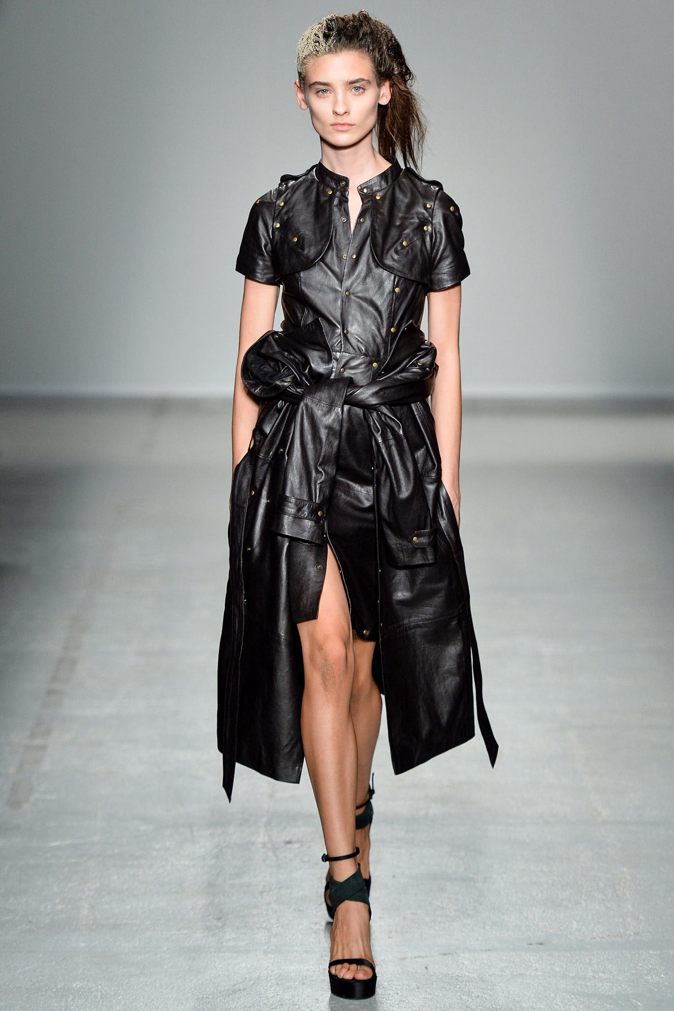 black leather long-sleeve collared fitted draped midi coat