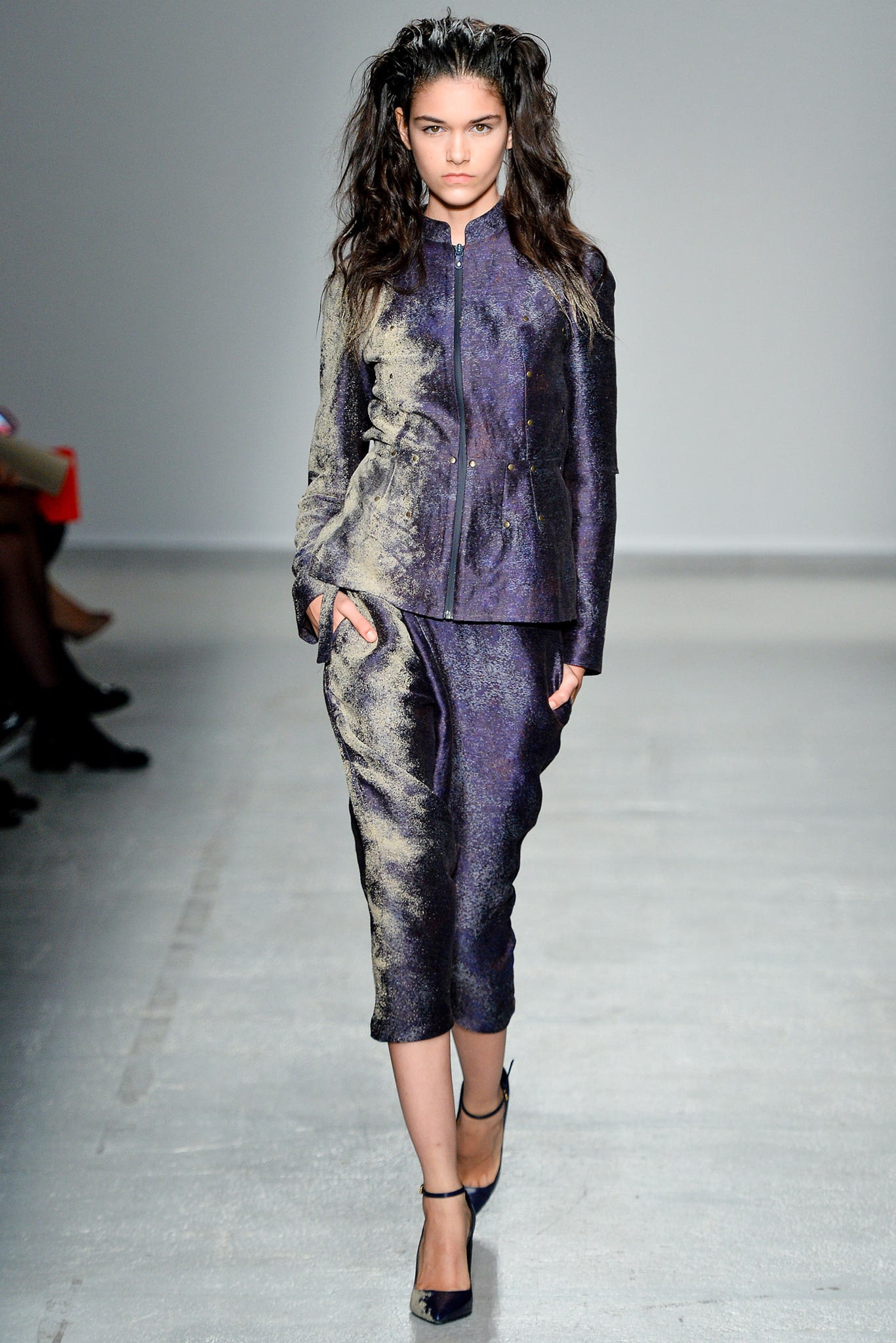 purple silk fitted straight-leg shiny midi skirt