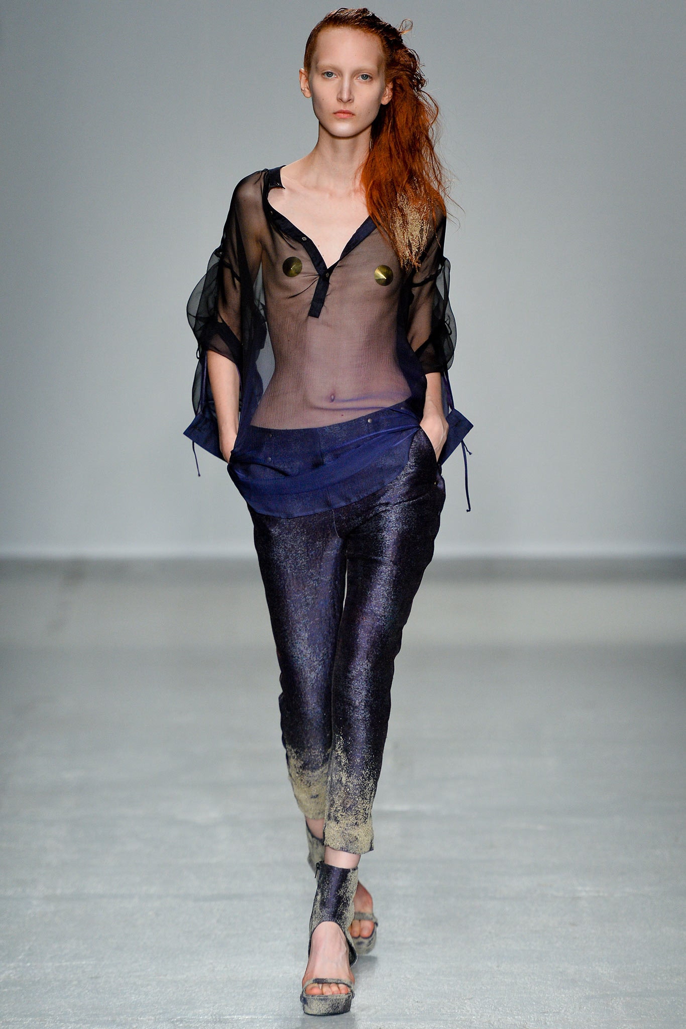 blue silk fitted zippered shiny pants
