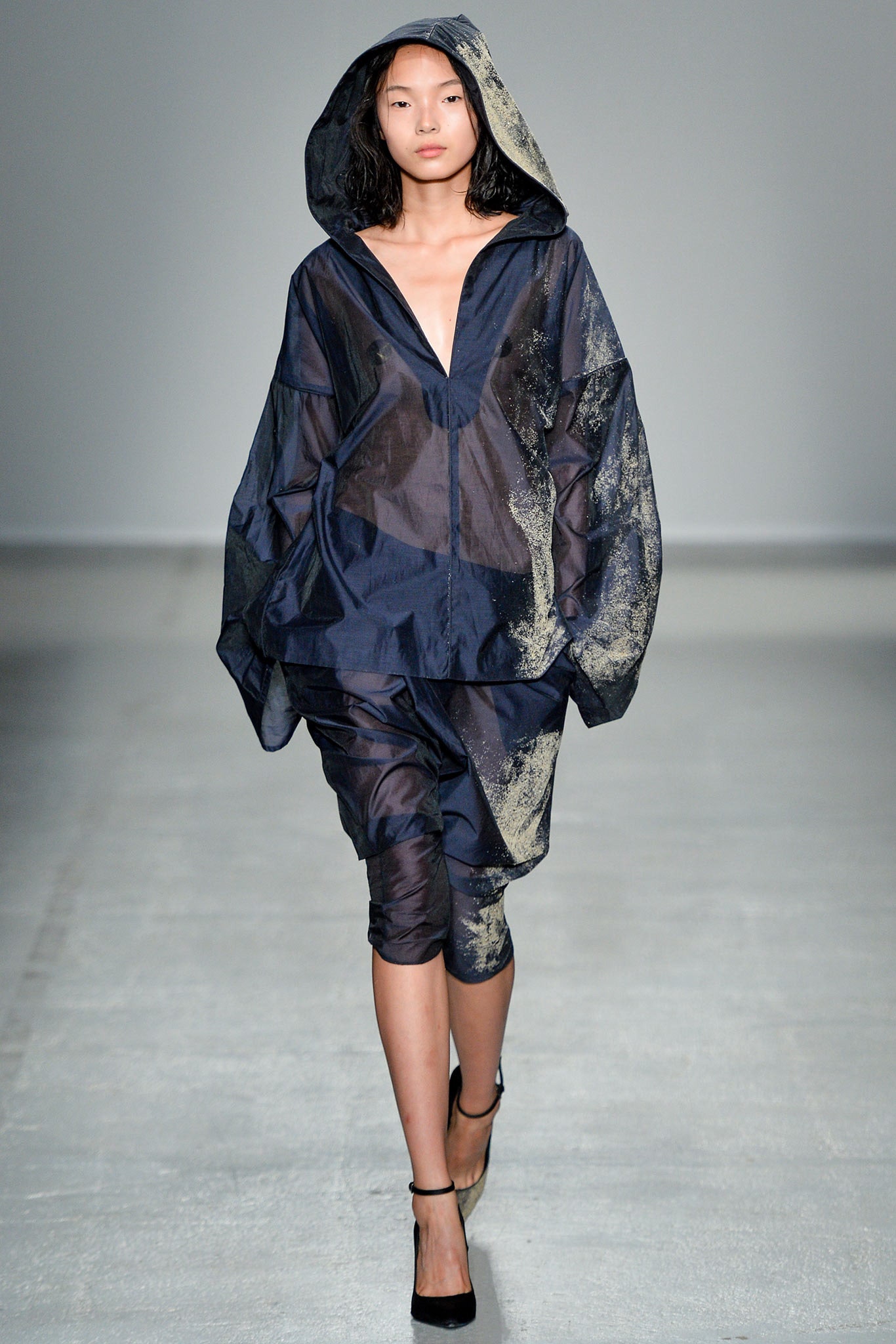 blue gold draped hooded dress