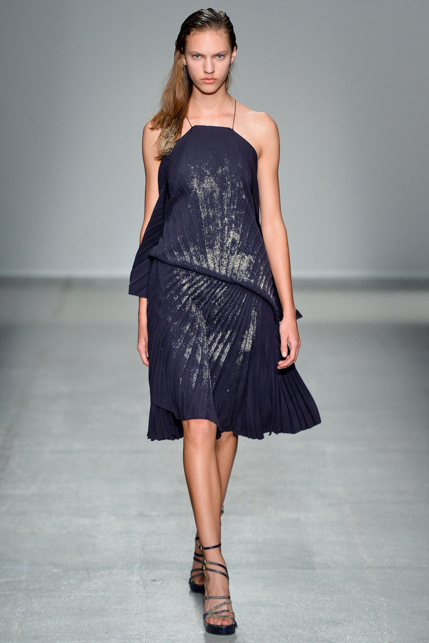 blue silk pleated midi dress