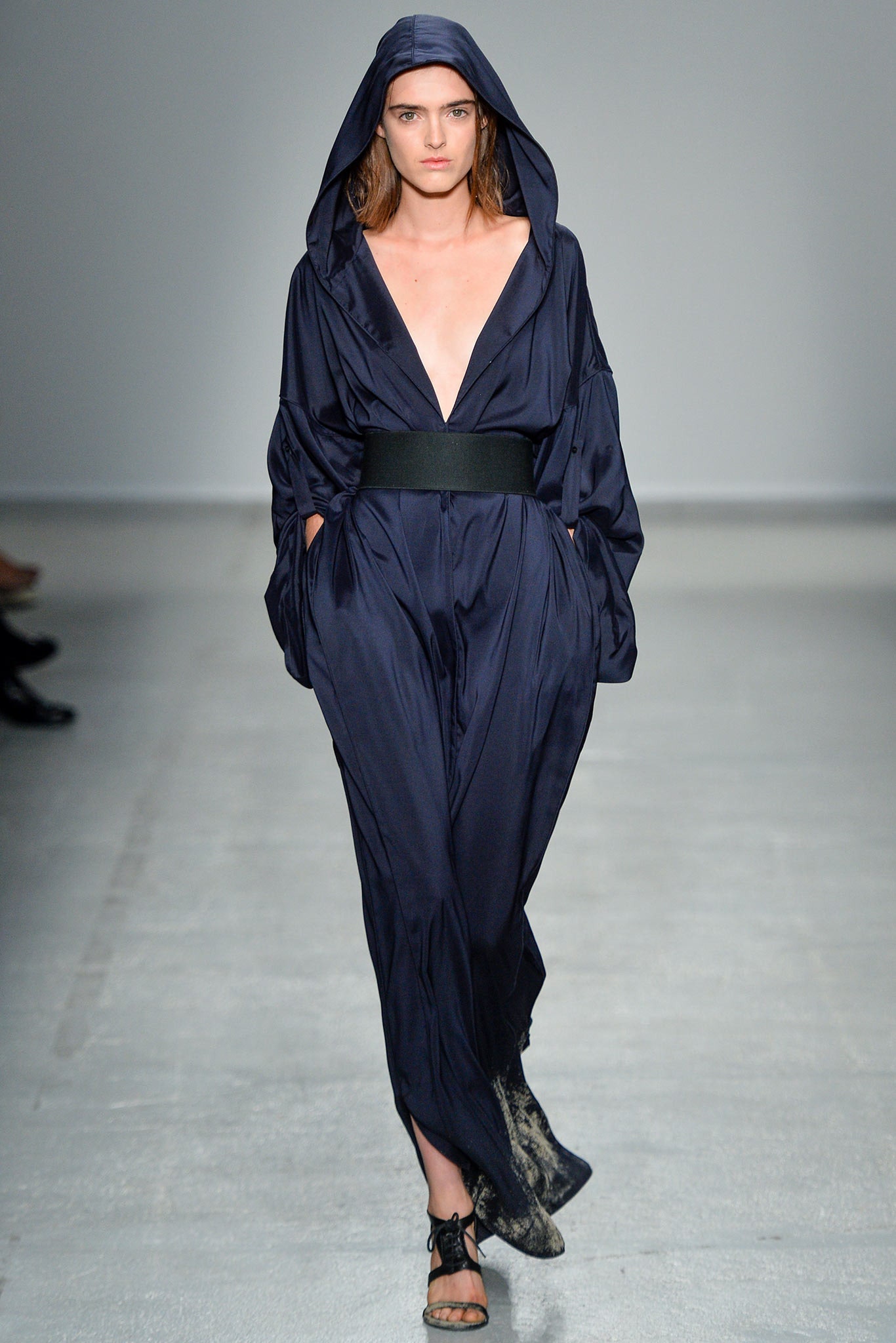 blue silk long-sleeve v-neck relaxed draped maxi dress