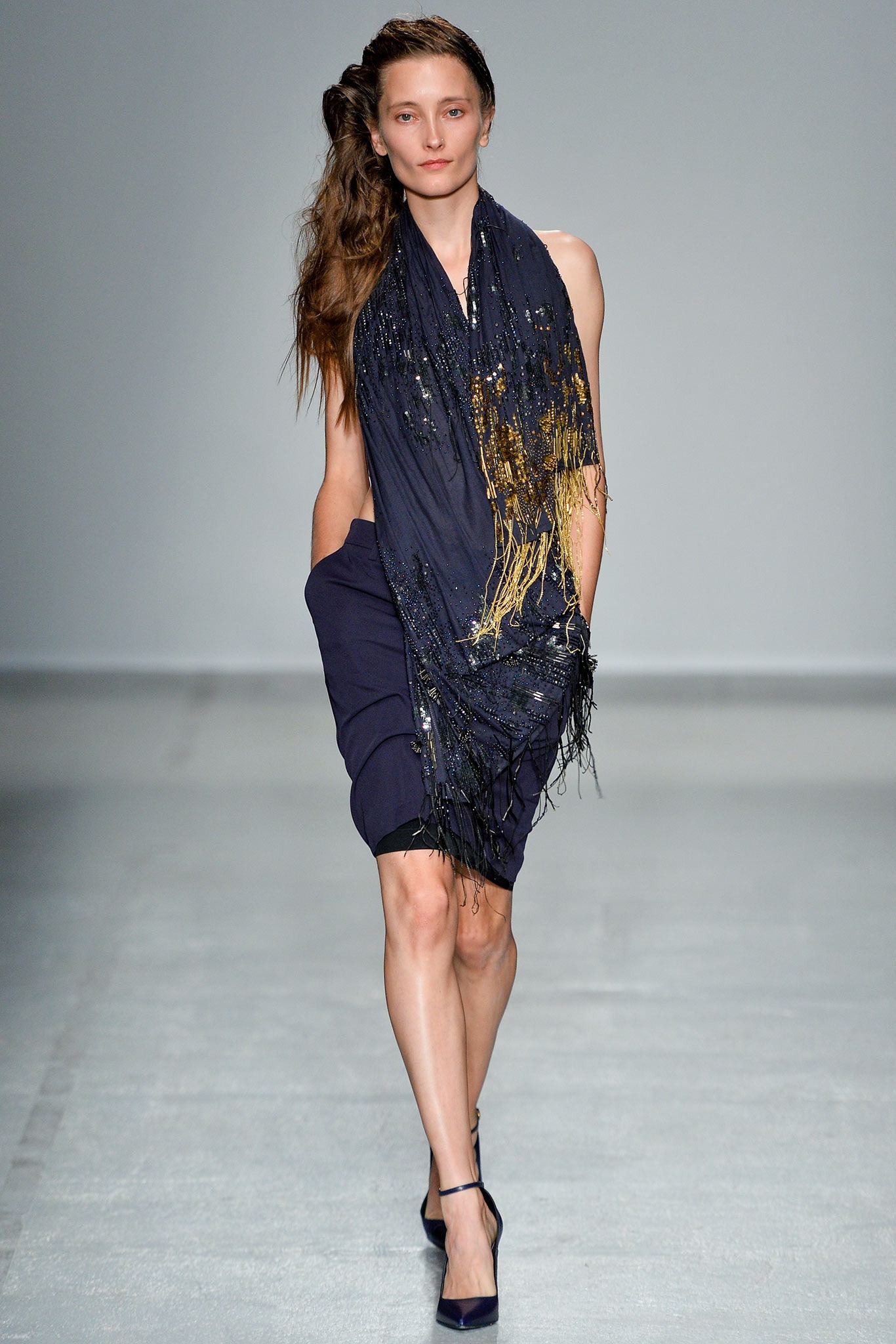 navy fitted dress with fringed scarf