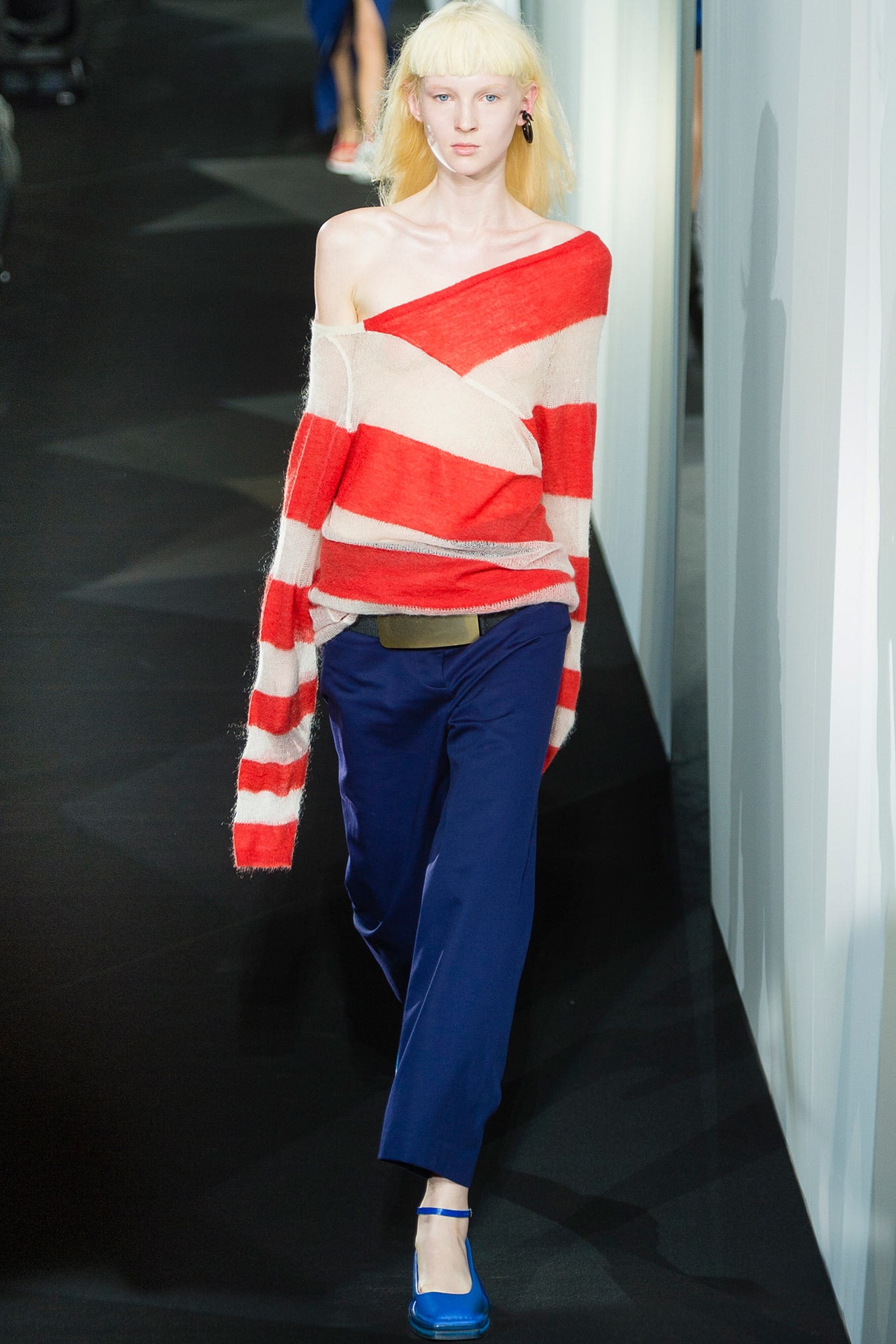 blue cotton tailored straight-leg pants