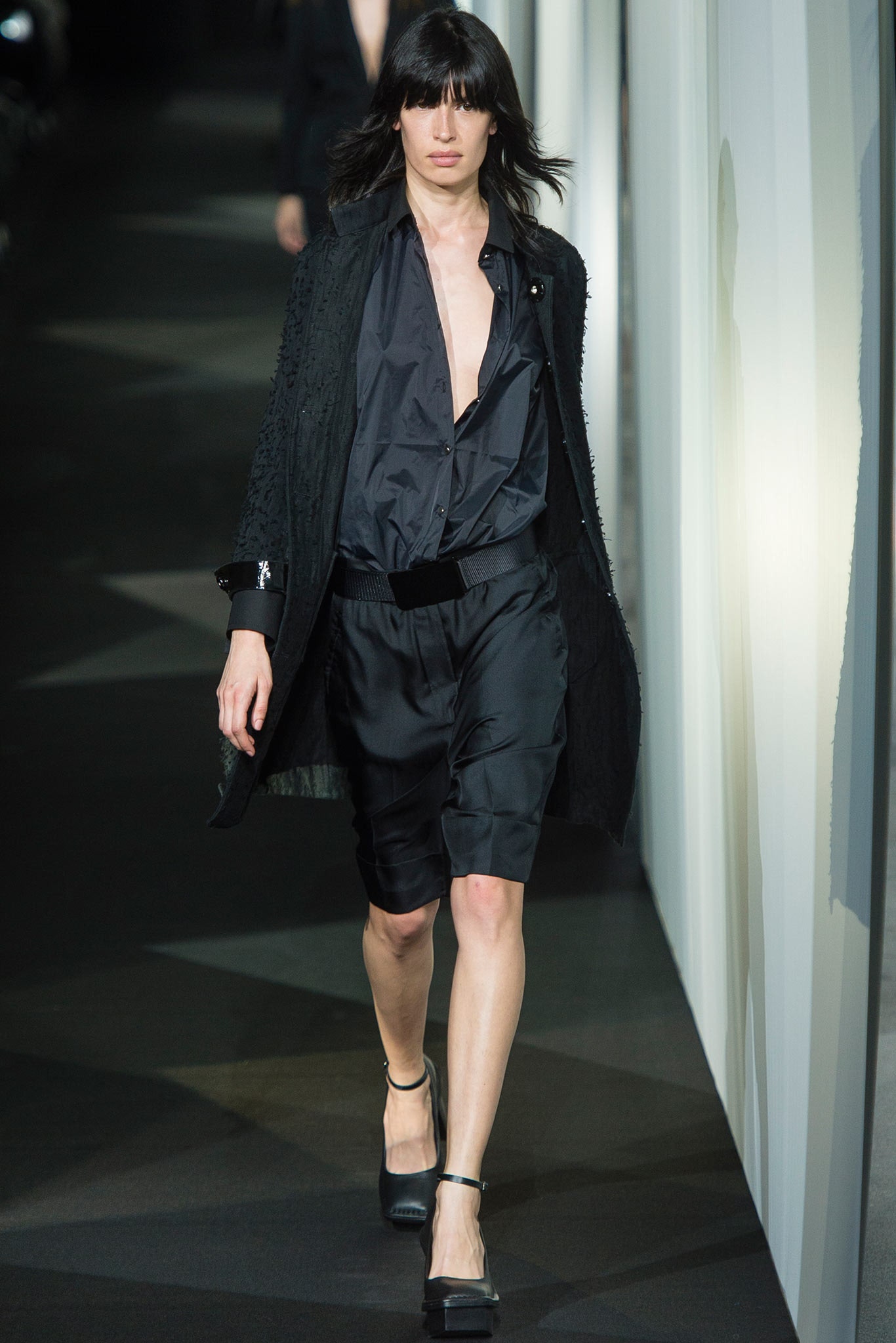 black silk long-sleeve collared relaxed layered coat