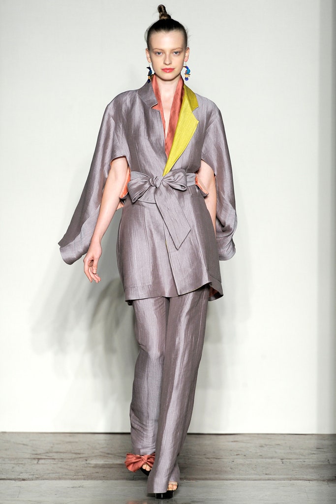 gray silk relaxed jacket and pants