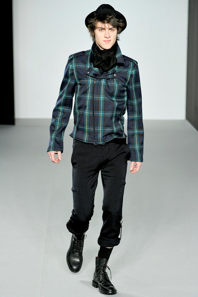 blue green plaid jacket with black pants