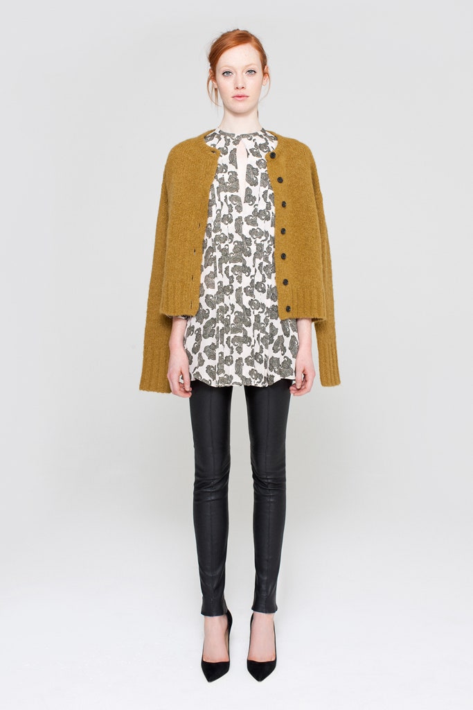 brown wool coat with printed blouse