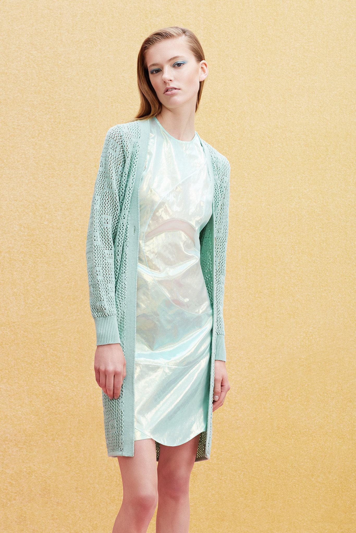 silver fitted mini dress with mint cardigan
