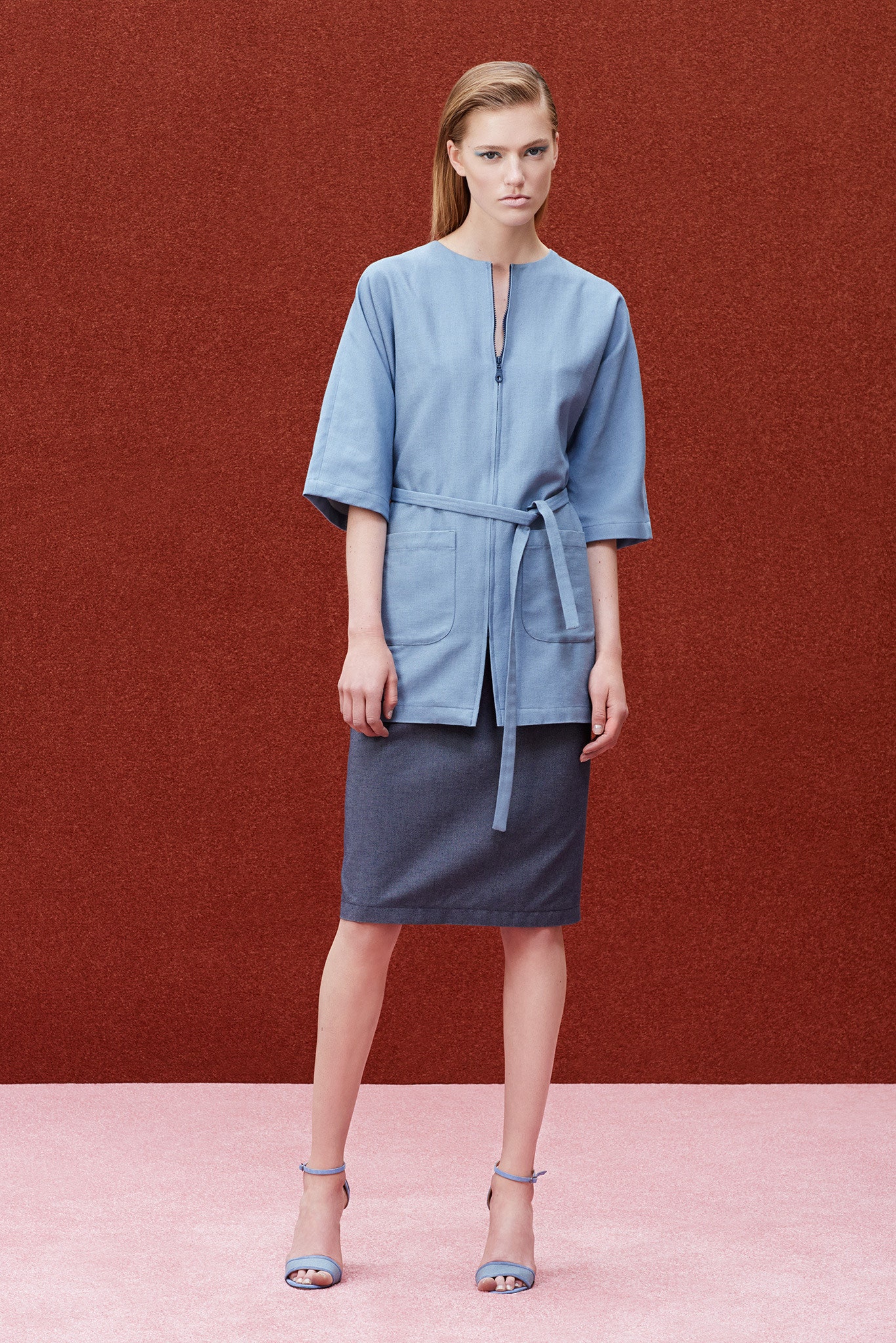 blue relaxed top with pencil skirt