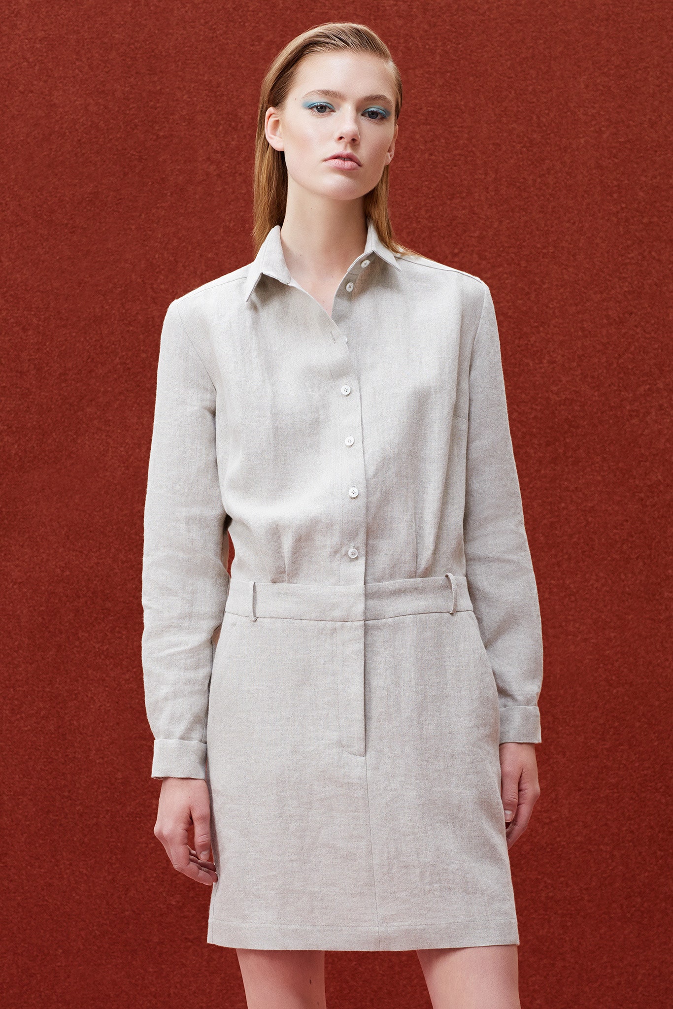 beige linen fitted shirt-dress