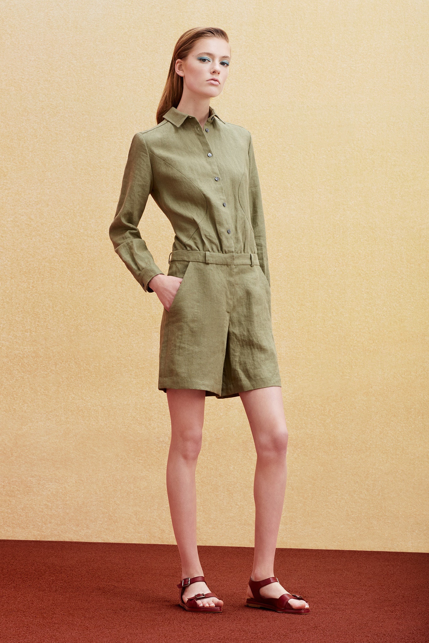 green linen fitted romper