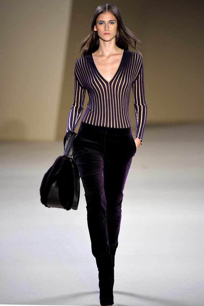 purple velvet long-sleeve v-neck fitted striped top