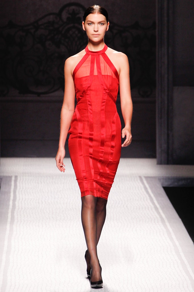fitted red silk halterneck dress