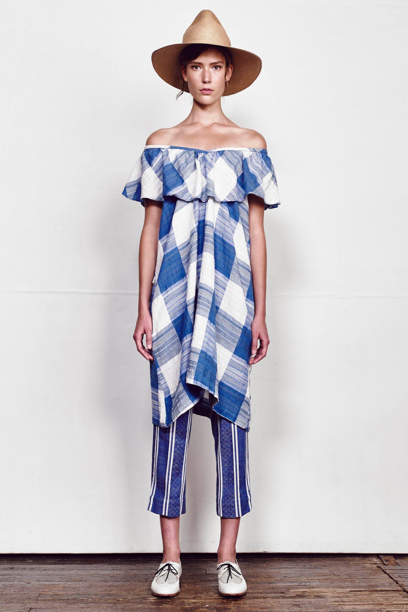 blue and white off-shoulder dress