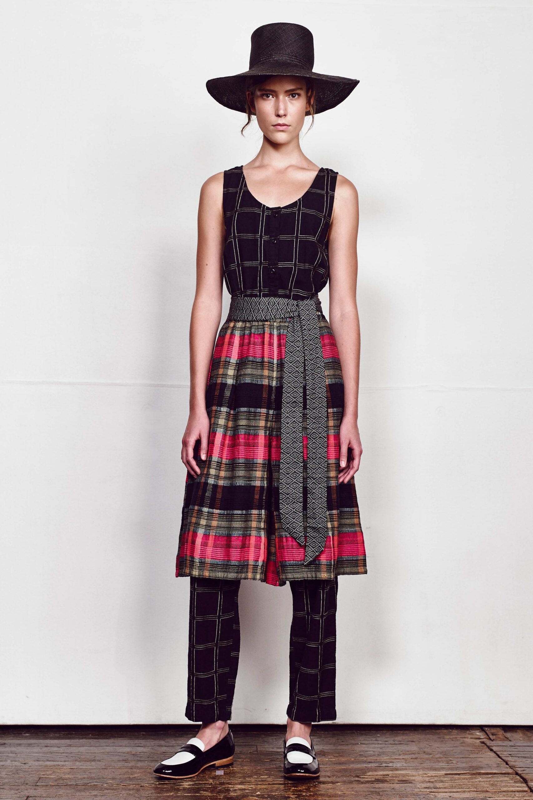 black fitted top with multi skirt