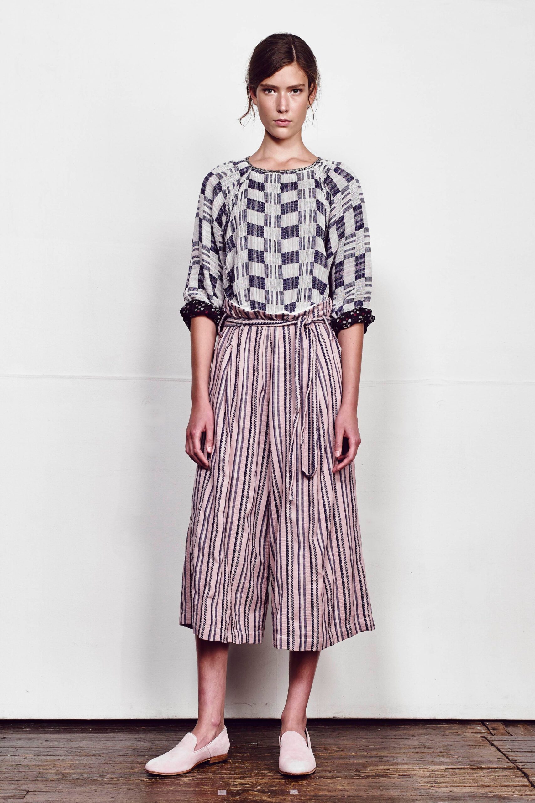 checked top with striped culottes