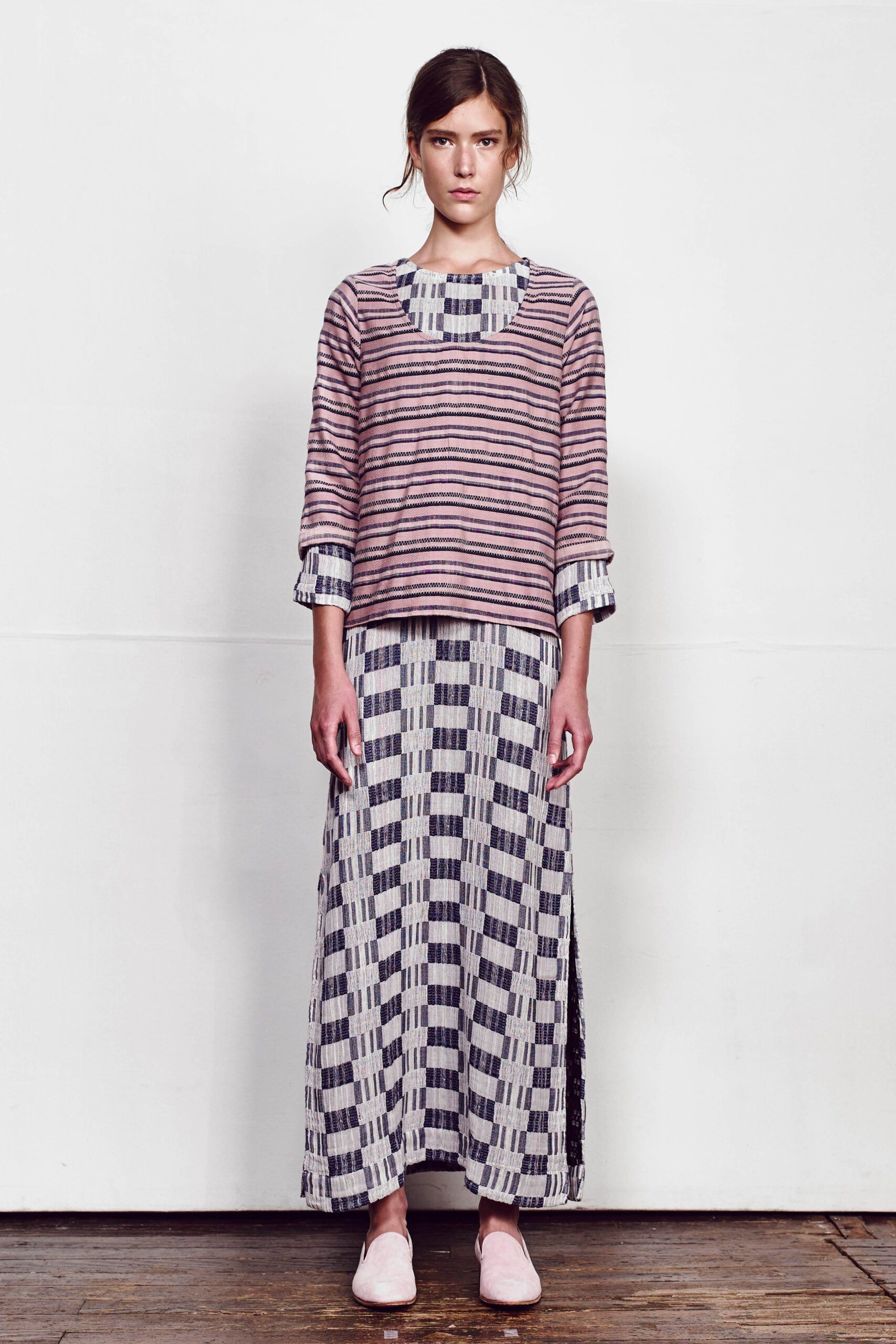 striped top and printed maxi dress