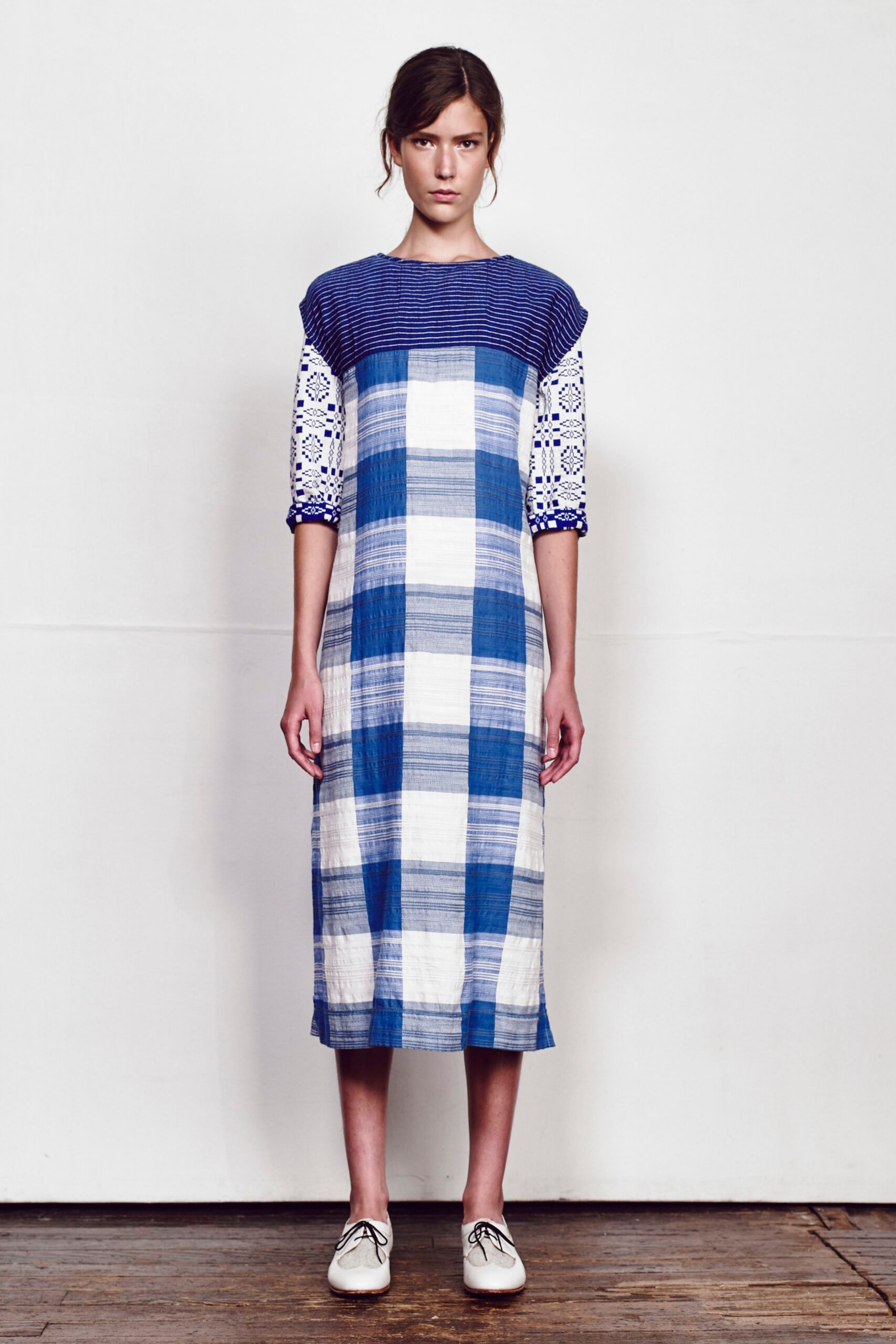 blue and white checked dress
