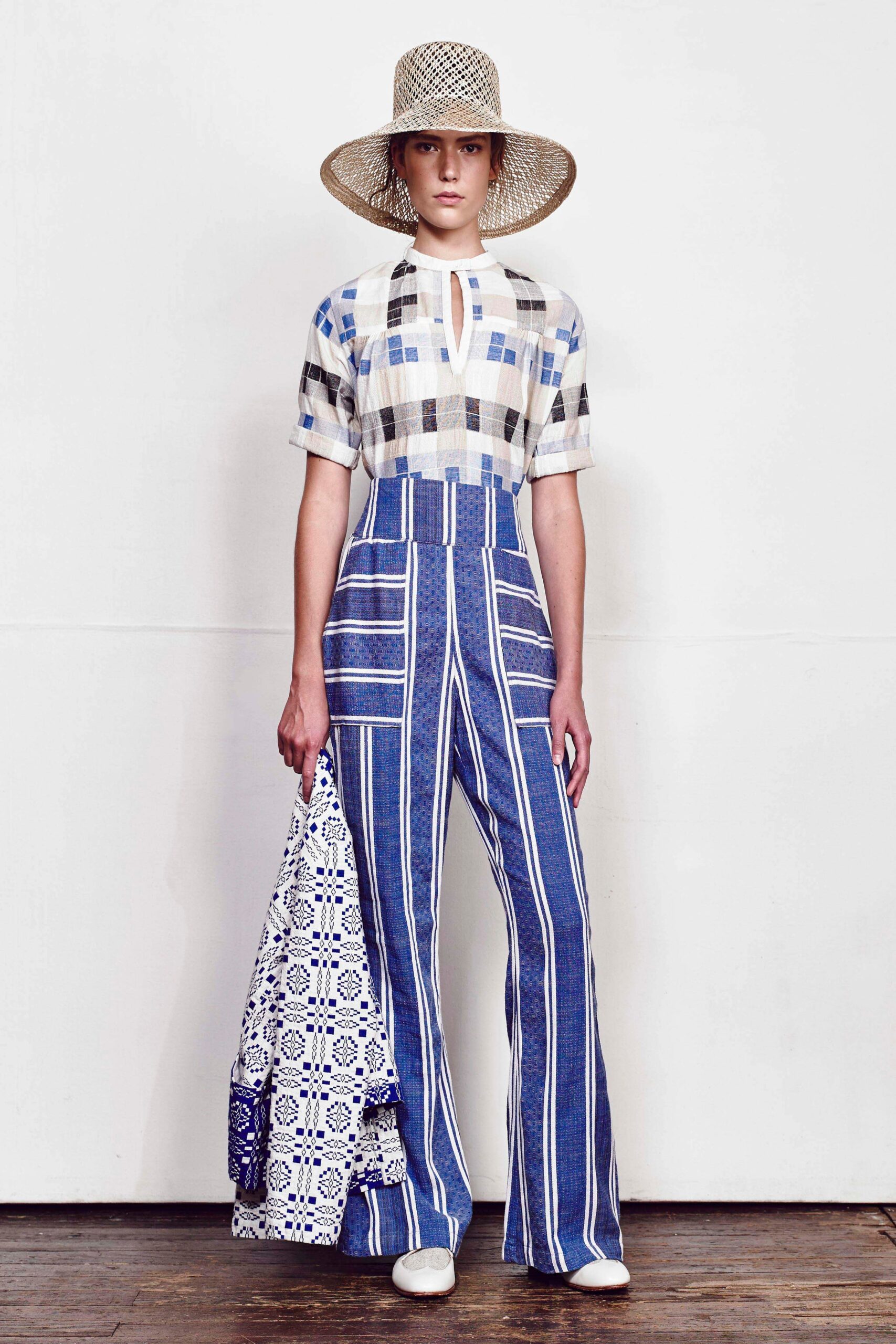 blue and white striped jumpsuit