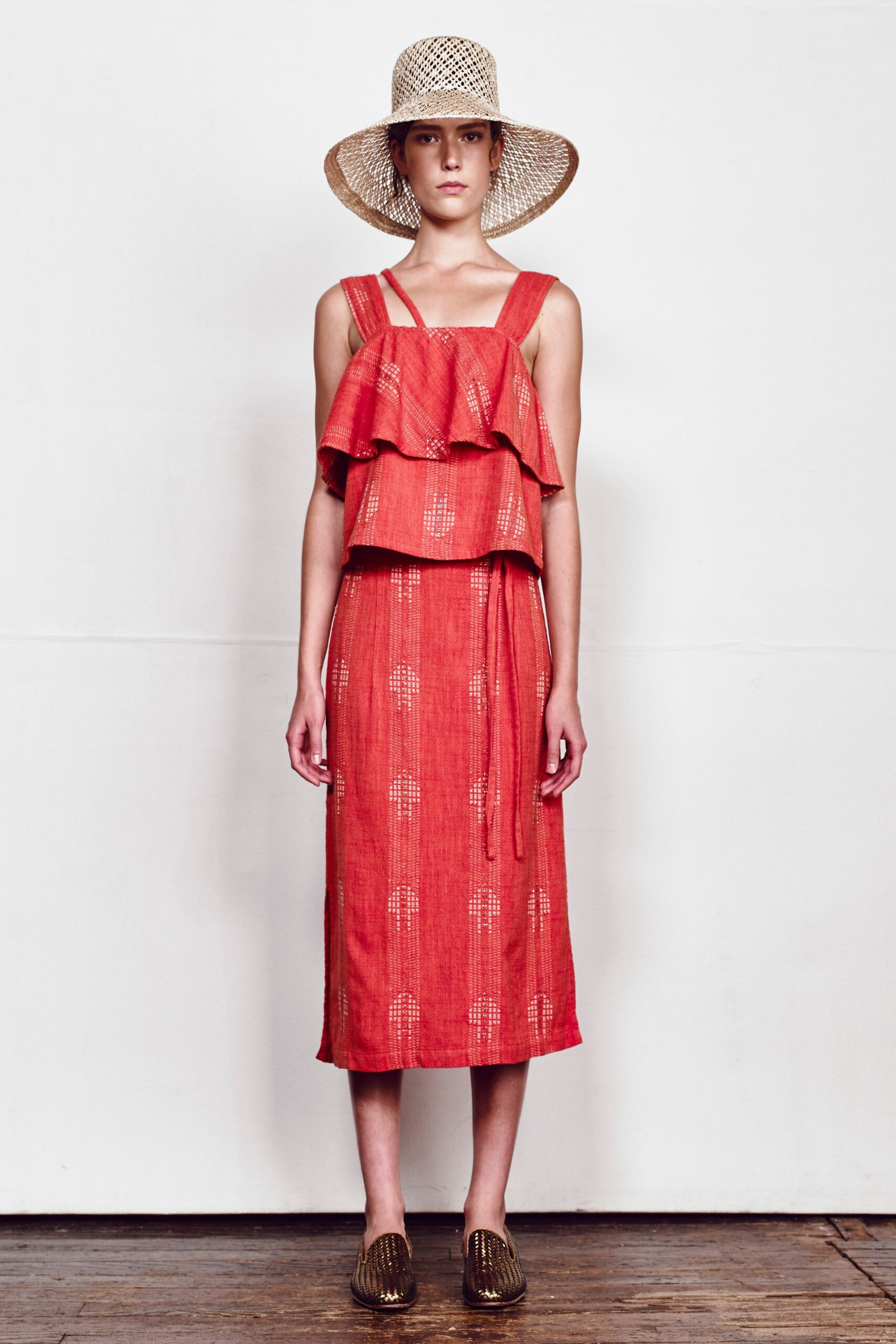 red cotton midi dress with hat