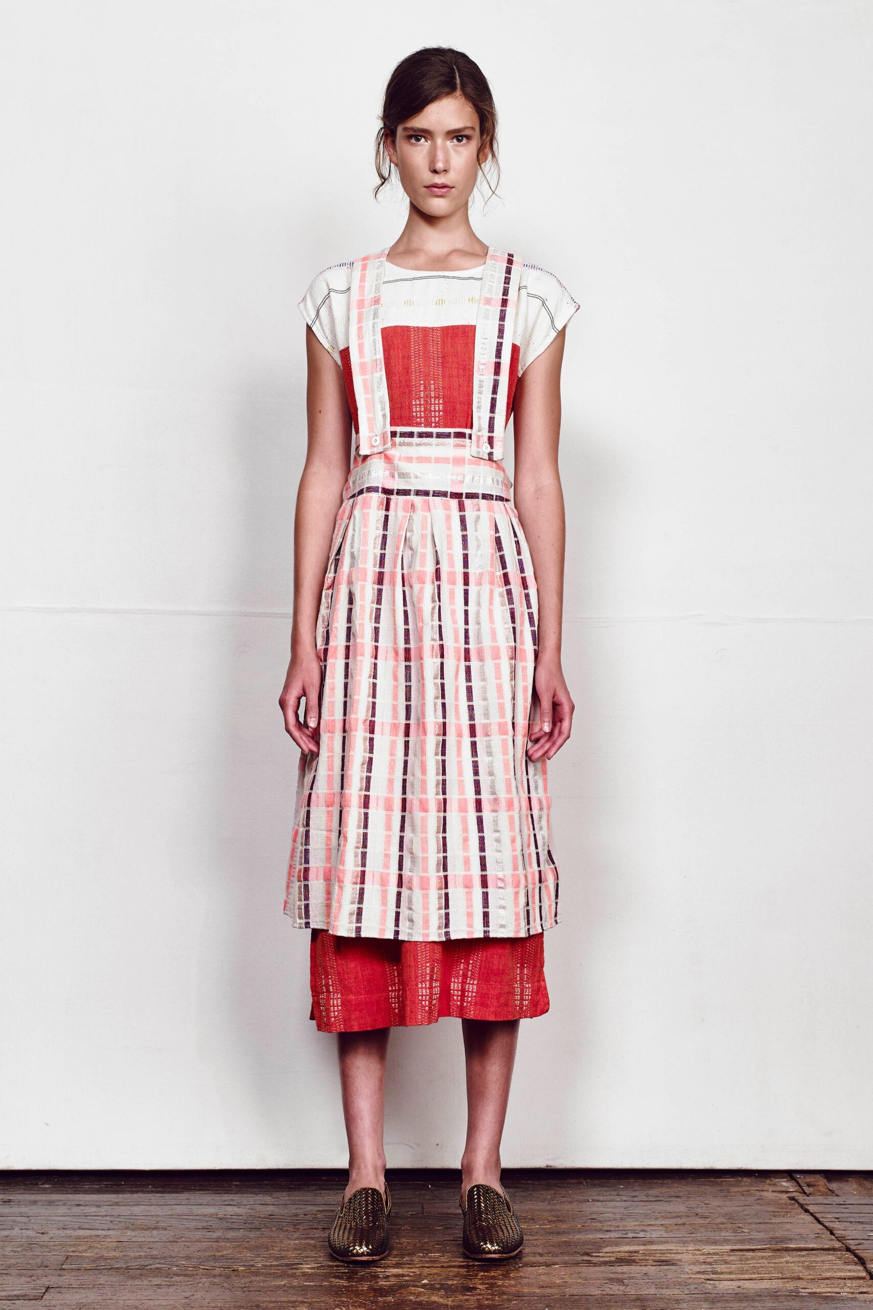 red and white pleated midi dress