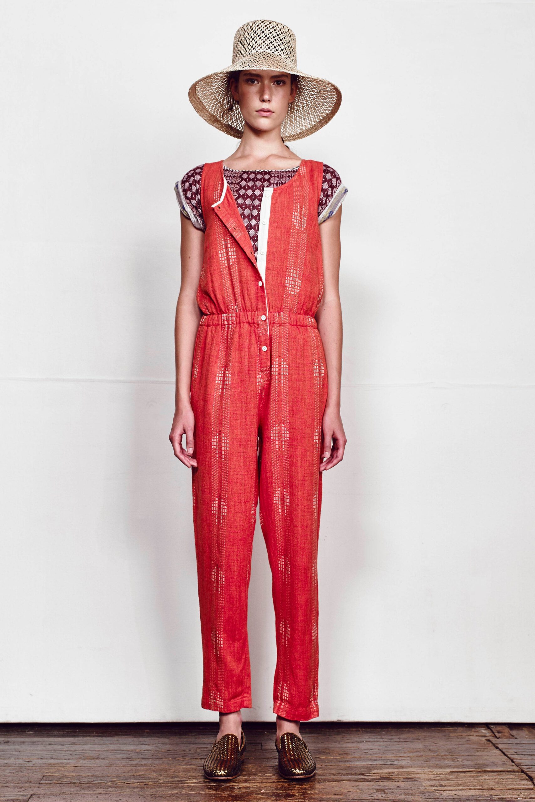 red cotton jumpsuit with printed top