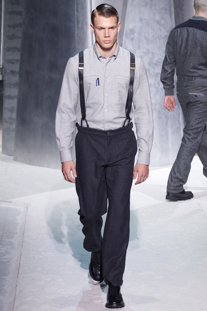 gray shirt black tailored pants