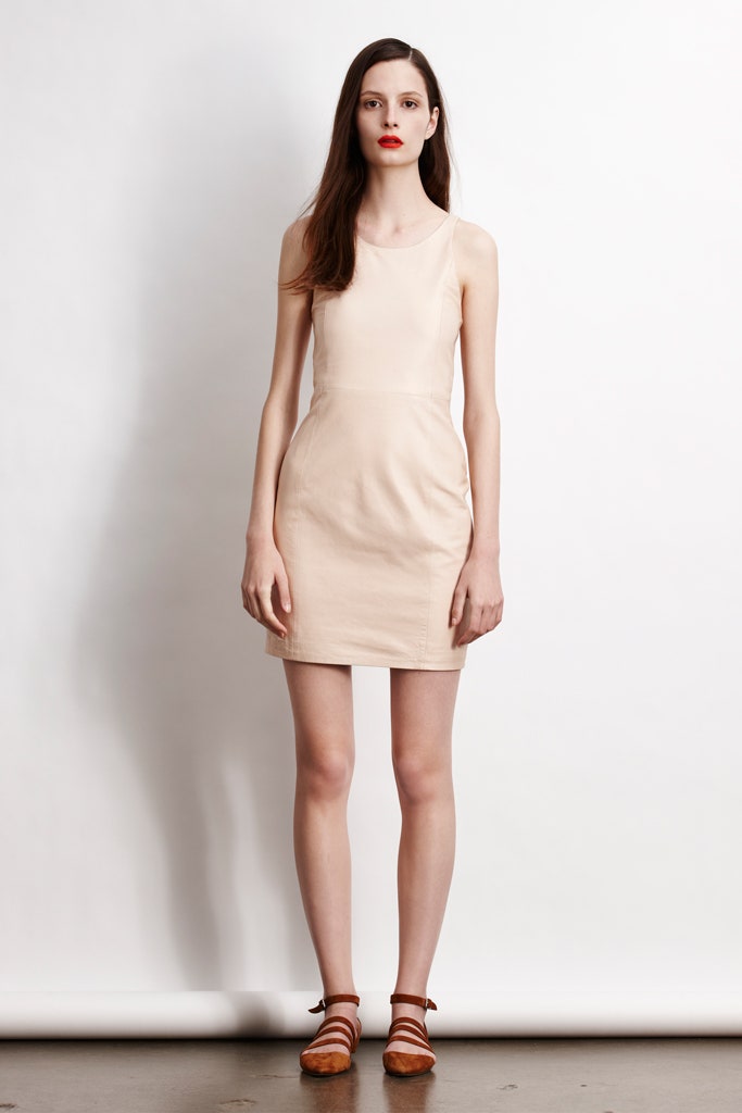 fitted beige sleeveless dress