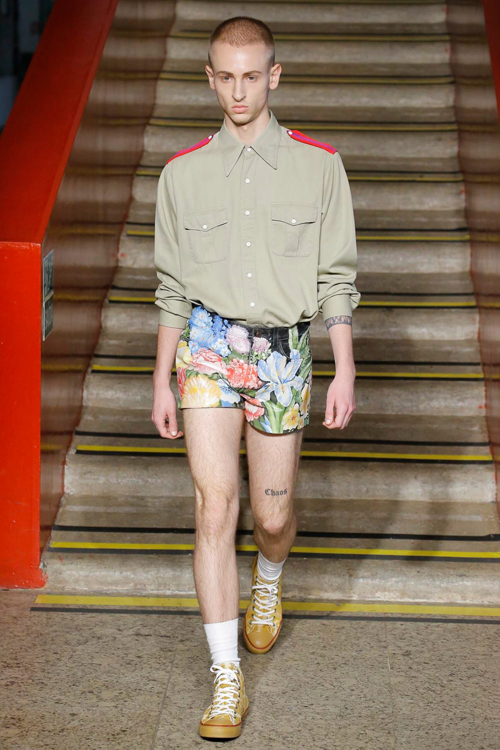 beige cotton shirt with floral shorts